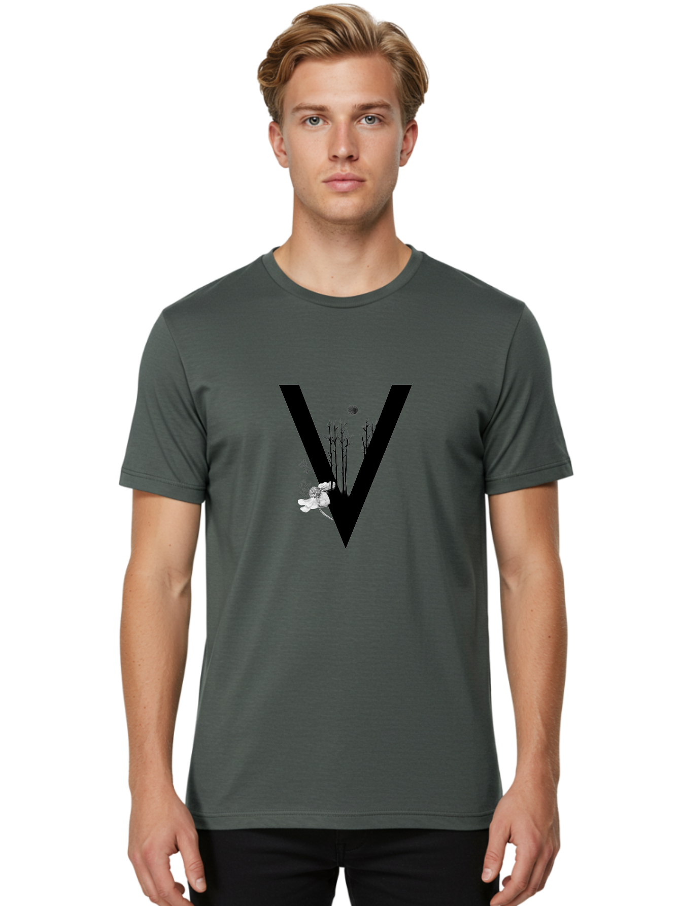 V Men'S Graphic Tee, 100% Cotton, Comfortable Casual Summer Wear, Machine Washable, Letter V, Floral Illustrations, Tree Branches, White Flowers, Dark Silhouette, Moon, Mystical Artwork, Surreal Design, Typography Art Aac359