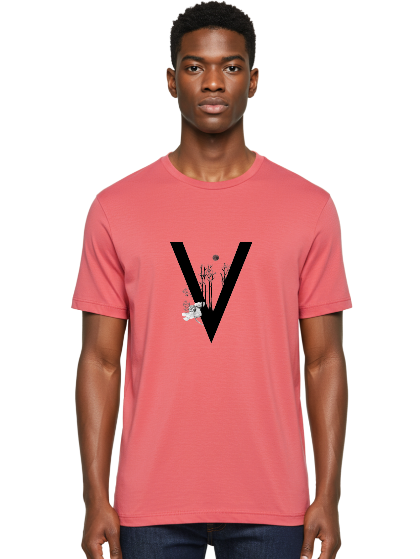 V Men'S Graphic Tee, 100% Cotton, Comfortable Casual Summer Wear, Machine Washable, Letter V, Floral Illustrations, Tree Branches, White Flowers, Dark Silhouette, Moon, Mystical Artwork, Surreal Design, Typography Art Aac359