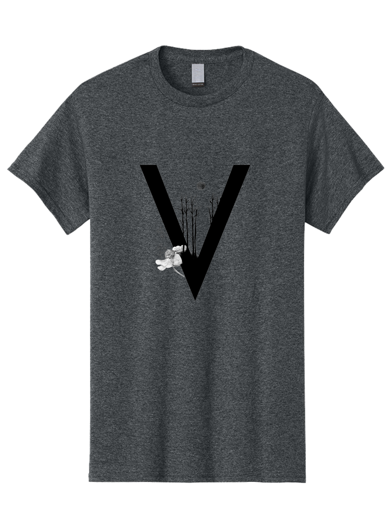 V Men'S Graphic Tee, 100% Cotton, Comfortable Casual Summer Wear, Machine Washable, Letter V, Floral Illustrations, Tree Branches, White Flowers, Dark Silhouette, Moon, Mystical Artwork, Surreal Design, Typography Art Aac359
