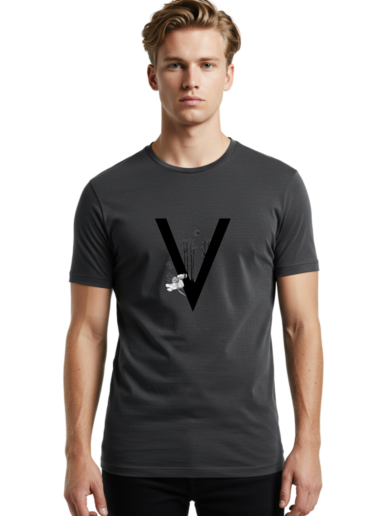 V Men'S Graphic Tee, 100% Cotton, Comfortable Casual Summer Wear, Machine Washable, Letter V, Floral Illustrations, Tree Branches, White Flowers, Dark Silhouette, Moon, Mystical Artwork, Surreal Design, Typography Art Aac359