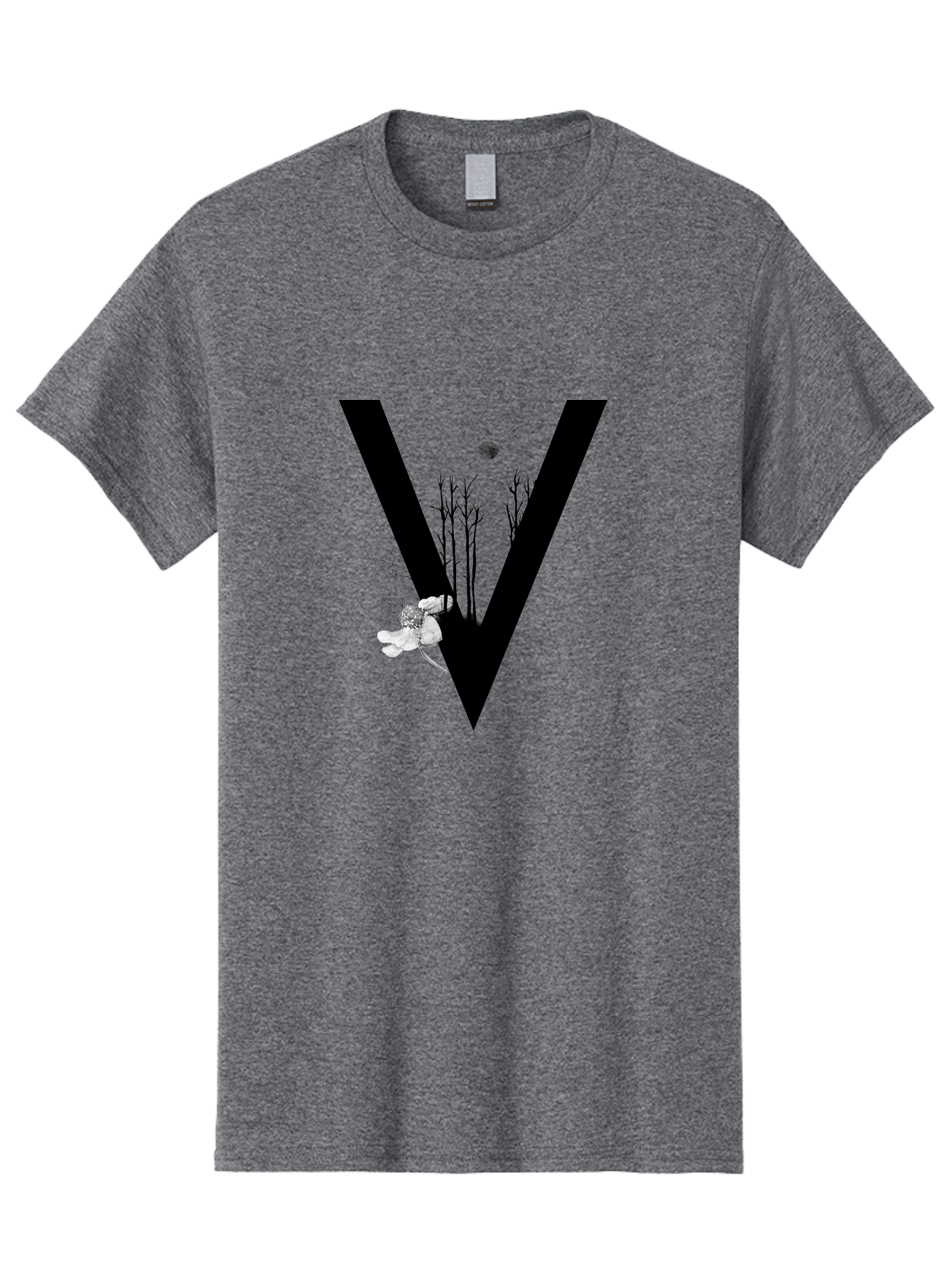 V Men'S Graphic Tee, 100% Cotton, Comfortable Casual Summer Wear, Machine Washable, Letter V, Floral Illustrations, Tree Branches, White Flowers, Dark Silhouette, Moon, Mystical Artwork, Surreal Design, Typography Art Aac359