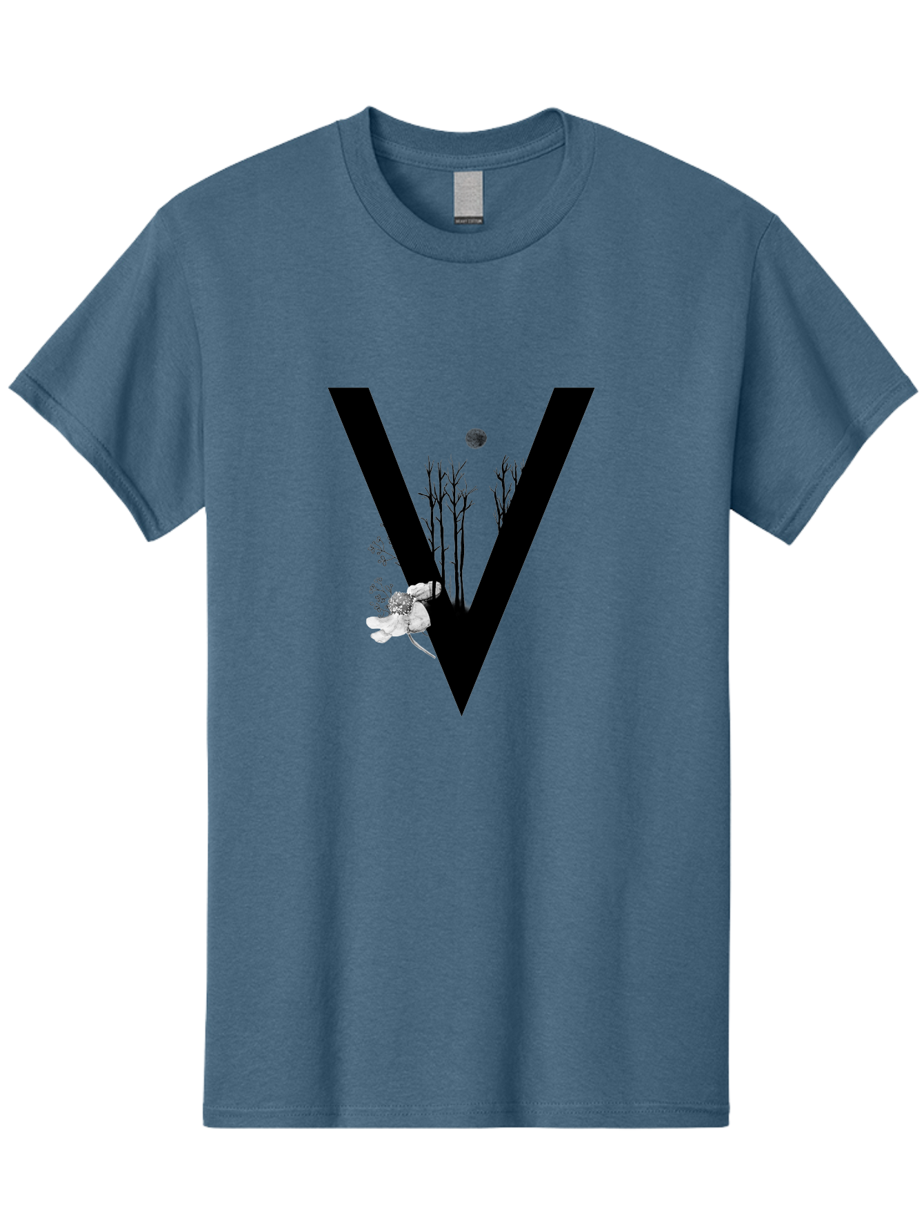 V Men'S Graphic Tee, 100% Cotton, Comfortable Casual Summer Wear, Machine Washable, Letter V, Floral Illustrations, Tree Branches, White Flowers, Dark Silhouette, Moon, Mystical Artwork, Surreal Design, Typography Art Aac359