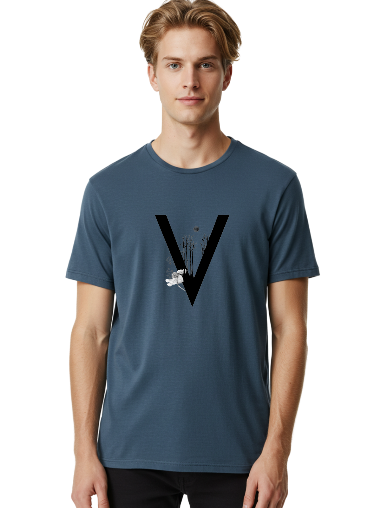 V Men'S Graphic Tee, 100% Cotton, Comfortable Casual Summer Wear, Machine Washable, Letter V, Floral Illustrations, Tree Branches, White Flowers, Dark Silhouette, Moon, Mystical Artwork, Surreal Design, Typography Art Aac359