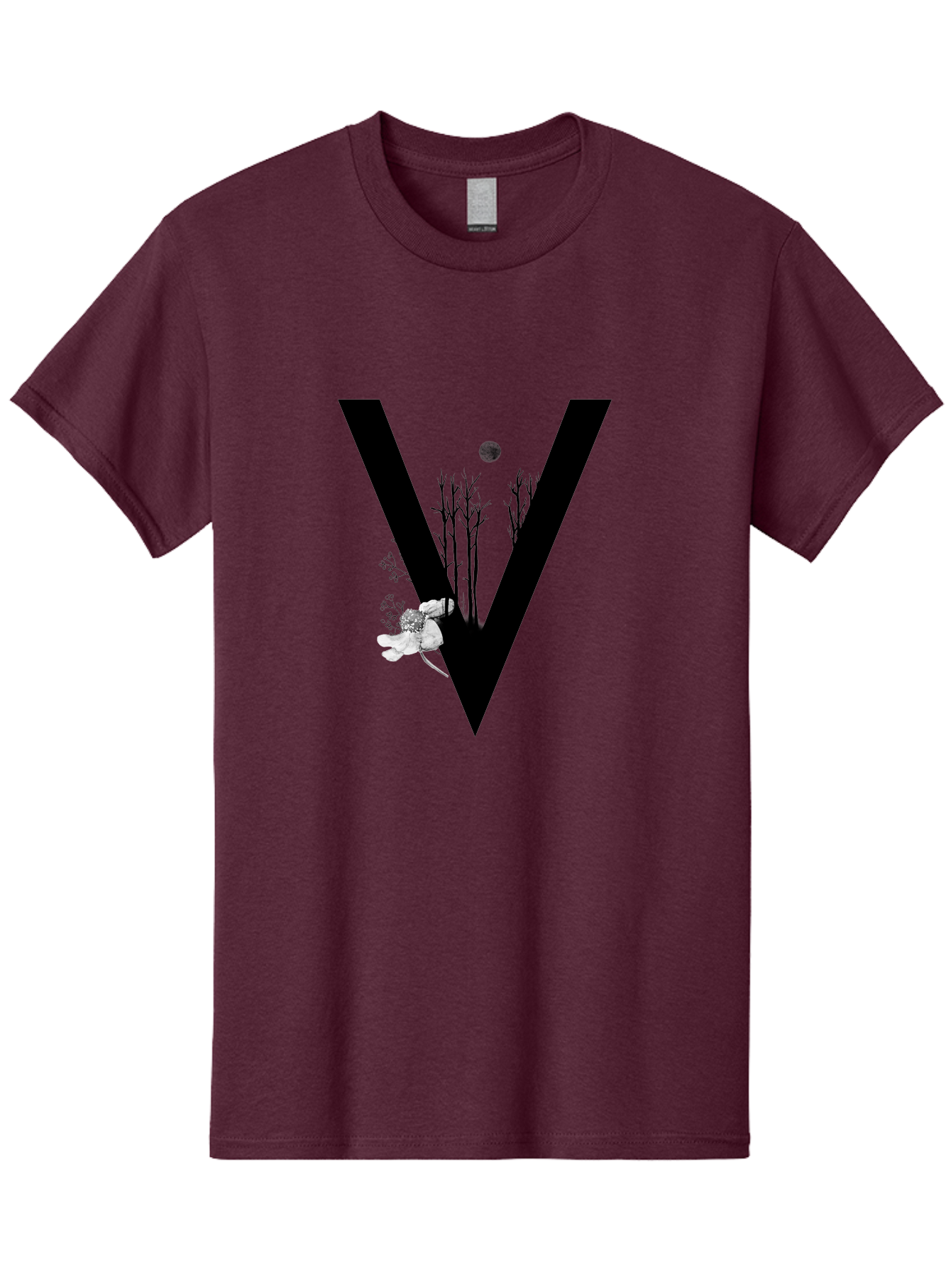 V Men'S Graphic Tee, 100% Cotton, Comfortable Casual Summer Wear, Machine Washable, Letter V, Floral Illustrations, Tree Branches, White Flowers, Dark Silhouette, Moon, Mystical Artwork, Surreal Design, Typography Art Aac359