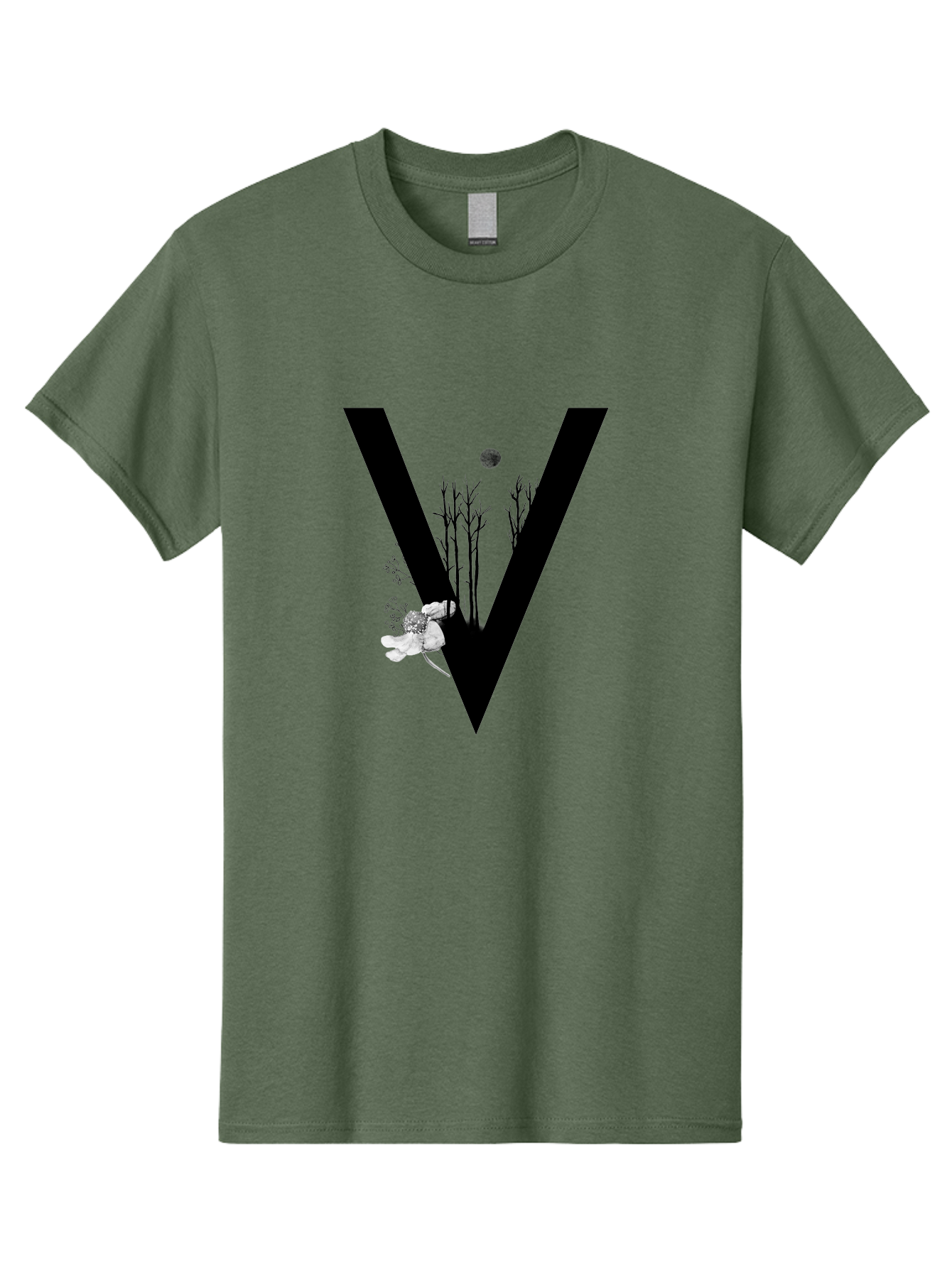 V Men'S Graphic Tee, 100% Cotton, Comfortable Casual Summer Wear, Machine Washable, Letter V, Floral Illustrations, Tree Branches, White Flowers, Dark Silhouette, Moon, Mystical Artwork, Surreal Design, Typography Art Aac359