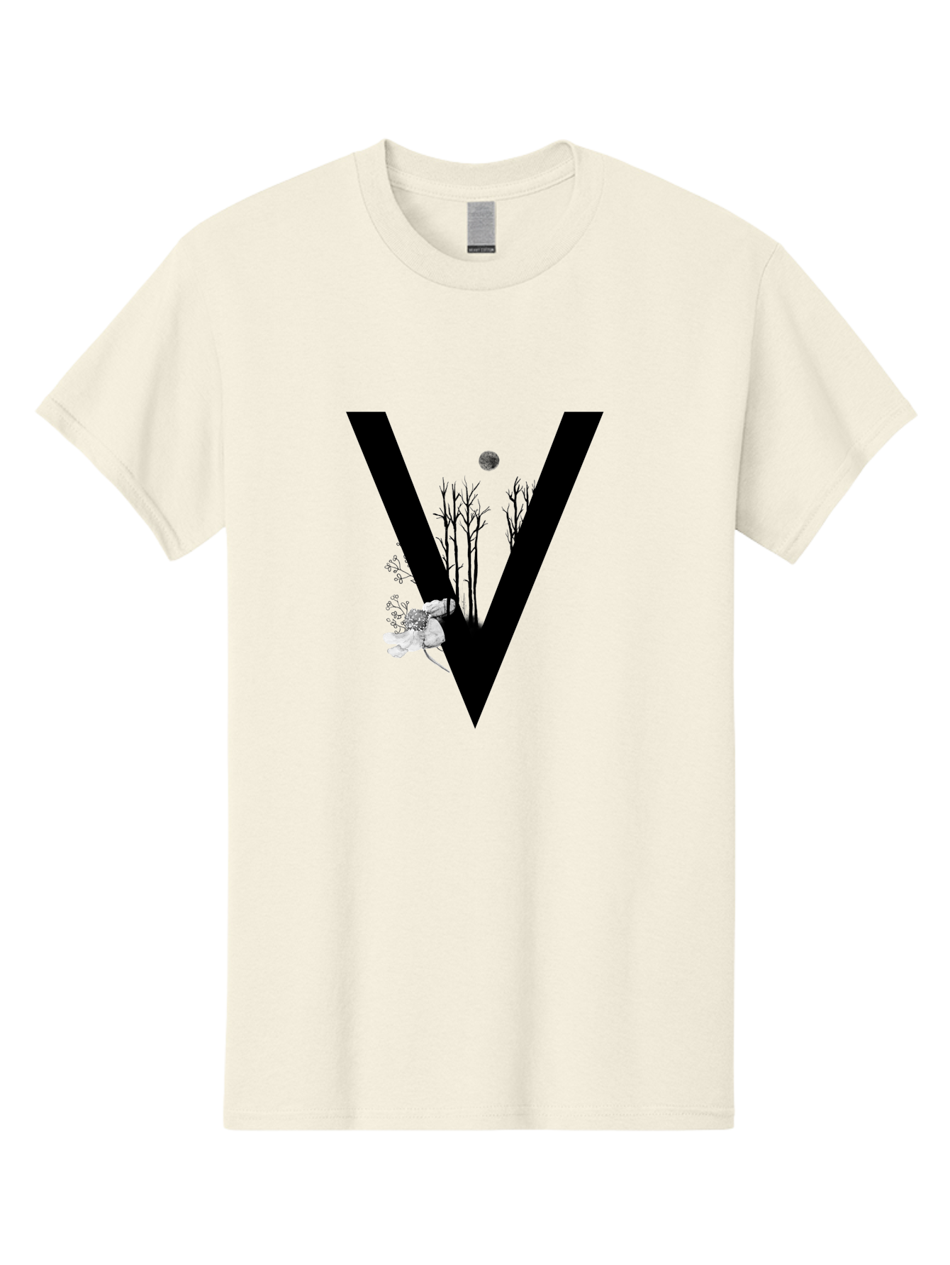 V Men'S Graphic Tee, 100% Cotton, Comfortable Casual Summer Wear, Machine Washable, Letter V, Floral Illustrations, Tree Branches, White Flowers, Dark Silhouette, Moon, Mystical Artwork, Surreal Design, Typography Art Aac359