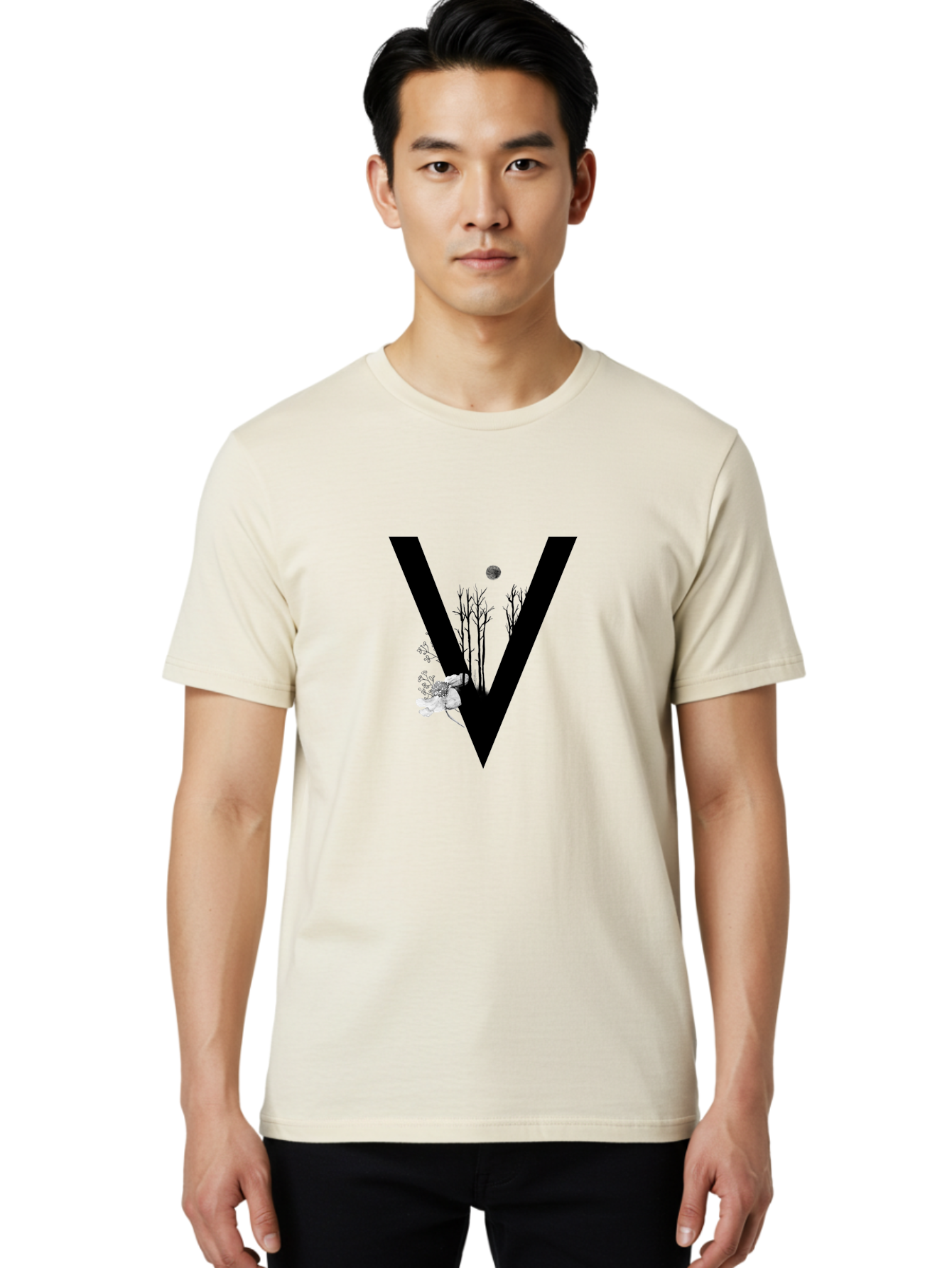V Men'S Graphic Tee, 100% Cotton, Comfortable Casual Summer Wear, Machine Washable, Letter V, Floral Illustrations, Tree Branches, White Flowers, Dark Silhouette, Moon, Mystical Artwork, Surreal Design, Typography Art Aac359