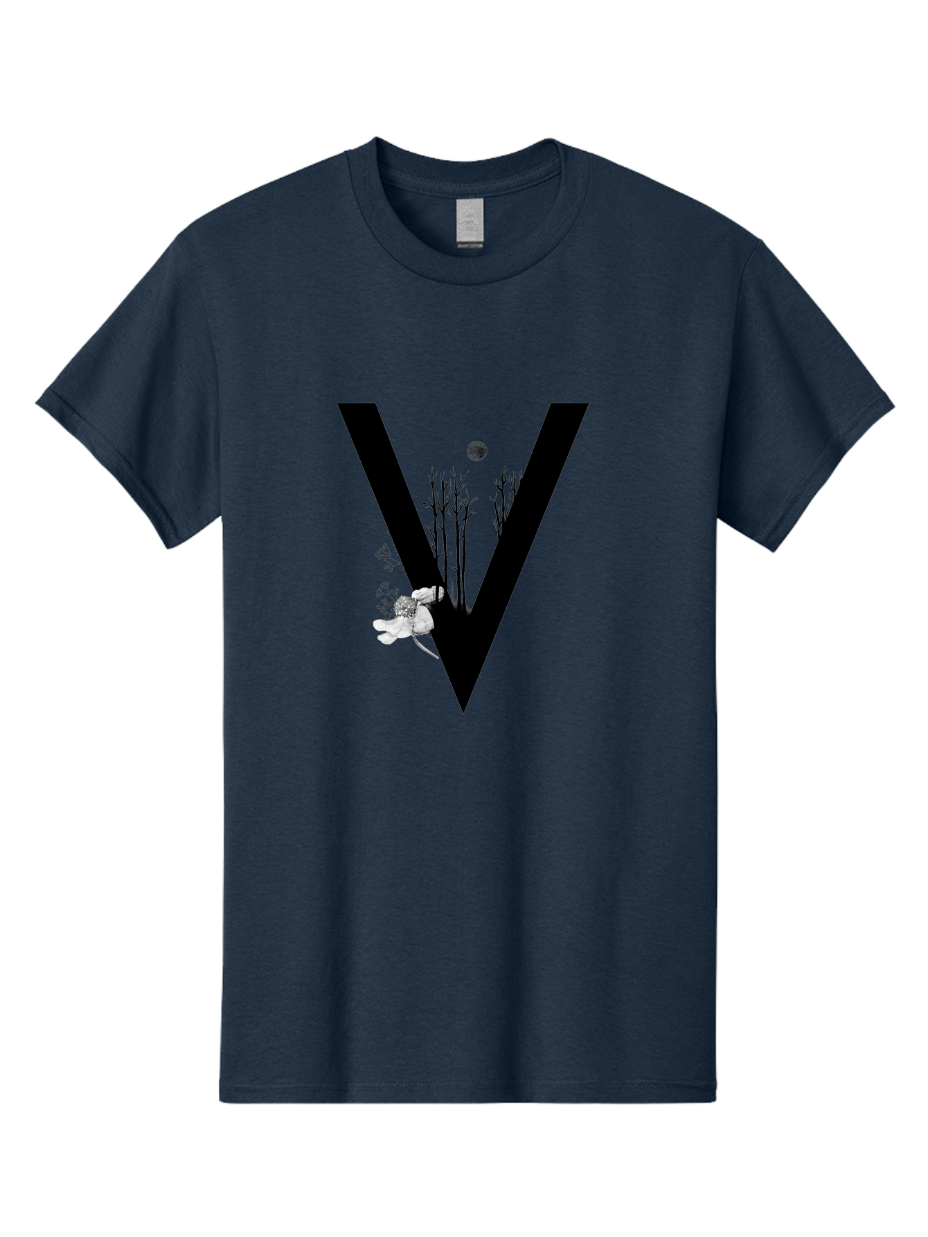 V Men'S Graphic Tee, 100% Cotton, Comfortable Casual Summer Wear, Machine Washable, Letter V, Floral Illustrations, Tree Branches, White Flowers, Dark Silhouette, Moon, Mystical Artwork, Surreal Design, Typography Art Aac359