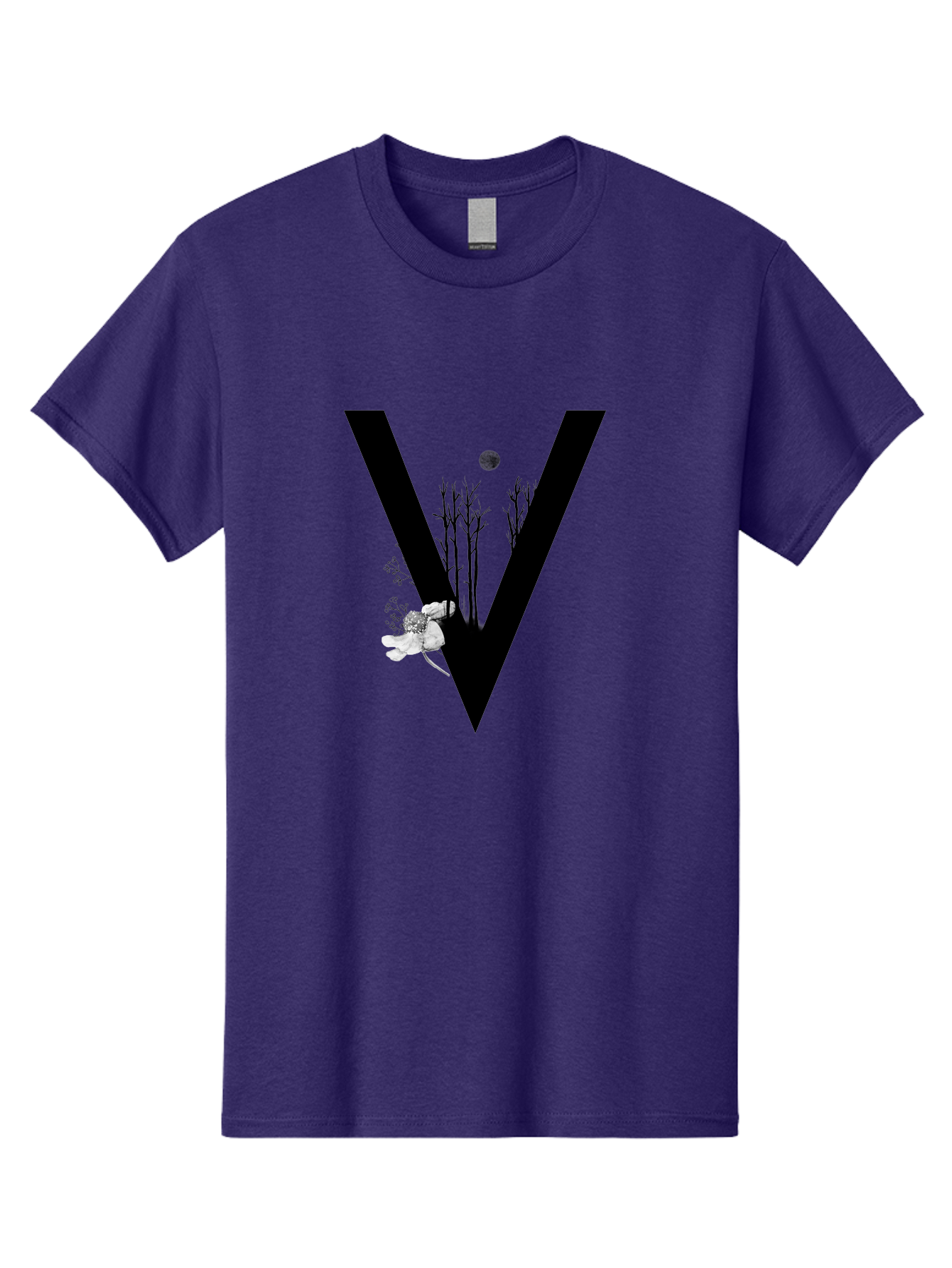 V Men'S Graphic Tee, 100% Cotton, Comfortable Casual Summer Wear, Machine Washable, Letter V, Floral Illustrations, Tree Branches, White Flowers, Dark Silhouette, Moon, Mystical Artwork, Surreal Design, Typography Art Aac359