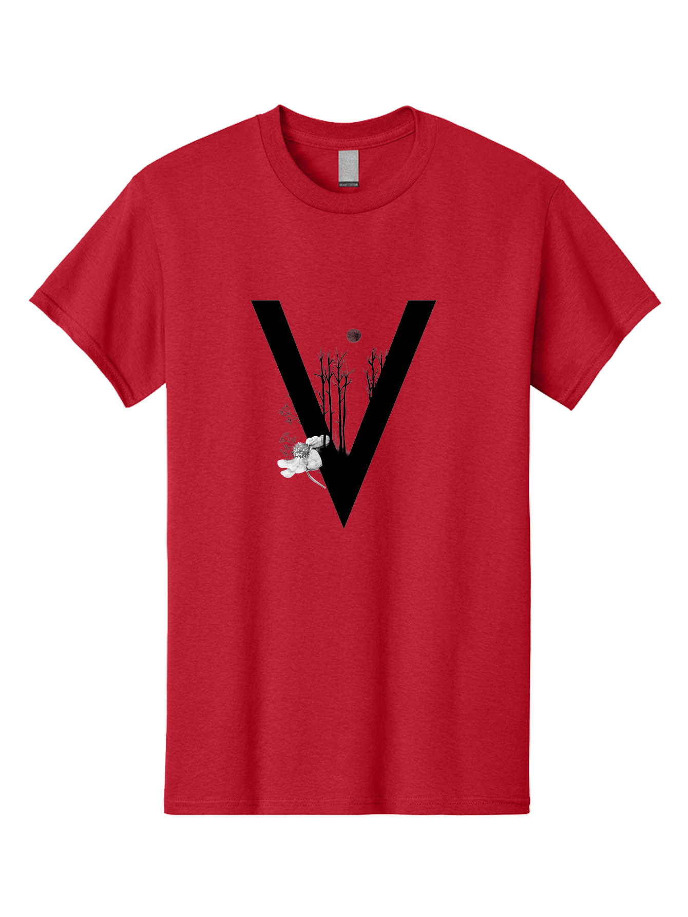 V Men'S Graphic Tee, 100% Cotton, Comfortable Casual Summer Wear, Machine Washable, Letter V, Floral Illustrations, Tree Branches, White Flowers, Dark Silhouette, Moon, Mystical Artwork, Surreal Design, Typography Art Aac359