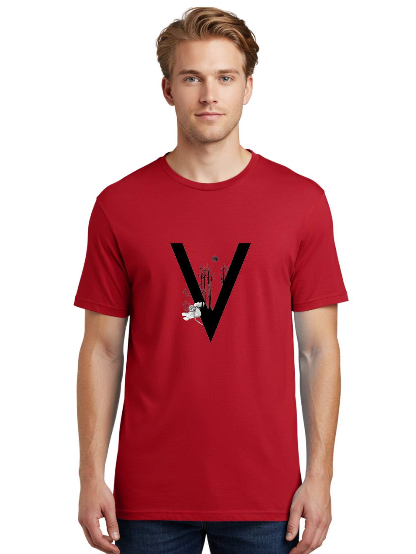 V Men'S Graphic Tee, 100% Cotton, Comfortable Casual Summer Wear, Machine Washable, Letter V, Floral Illustrations, Tree Branches, White Flowers, Dark Silhouette, Moon, Mystical Artwork, Surreal Design, Typography Art Aac359