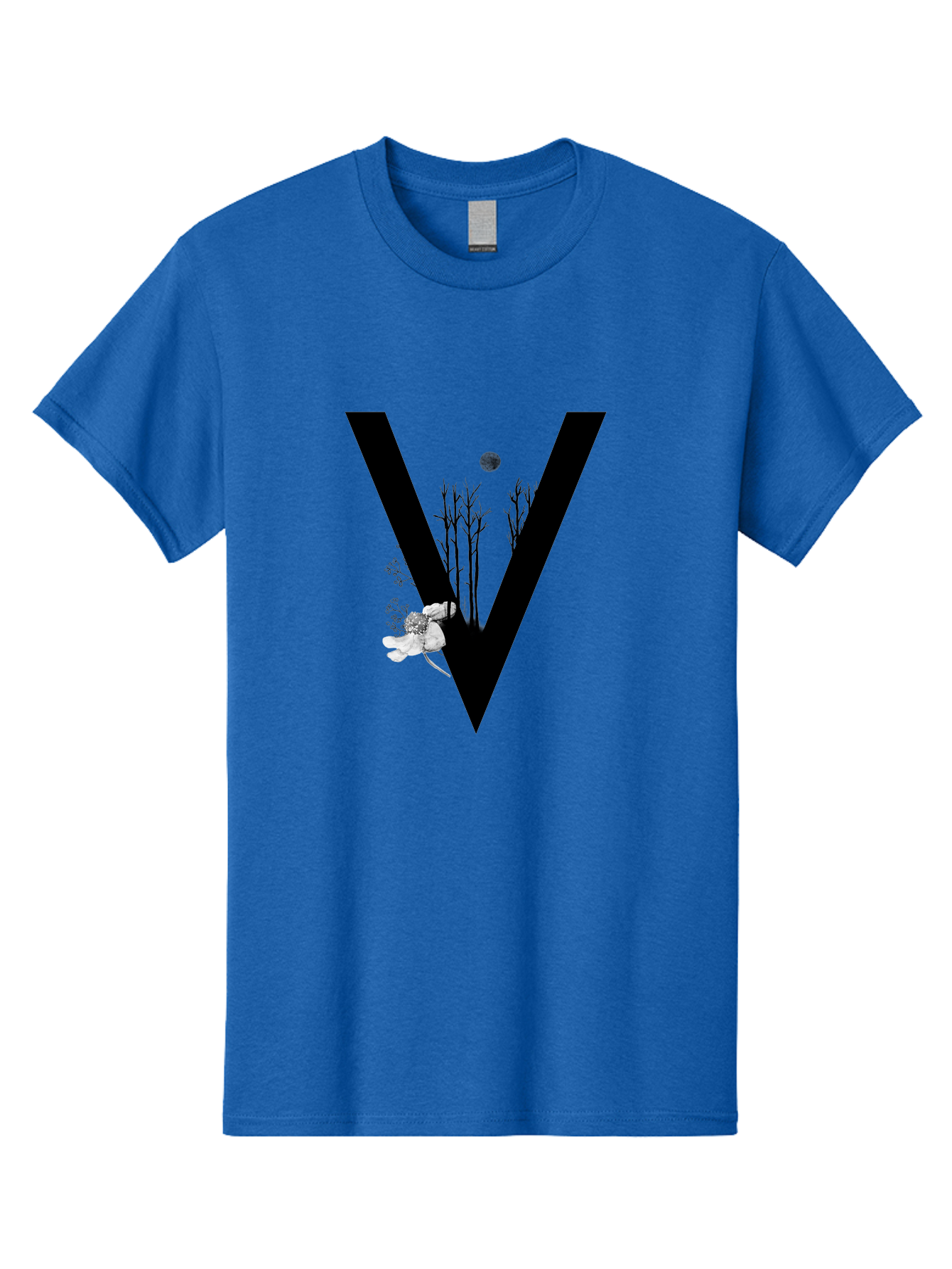 V Men'S Graphic Tee, 100% Cotton, Comfortable Casual Summer Wear, Machine Washable, Letter V, Floral Illustrations, Tree Branches, White Flowers, Dark Silhouette, Moon, Mystical Artwork, Surreal Design, Typography Art Aac359