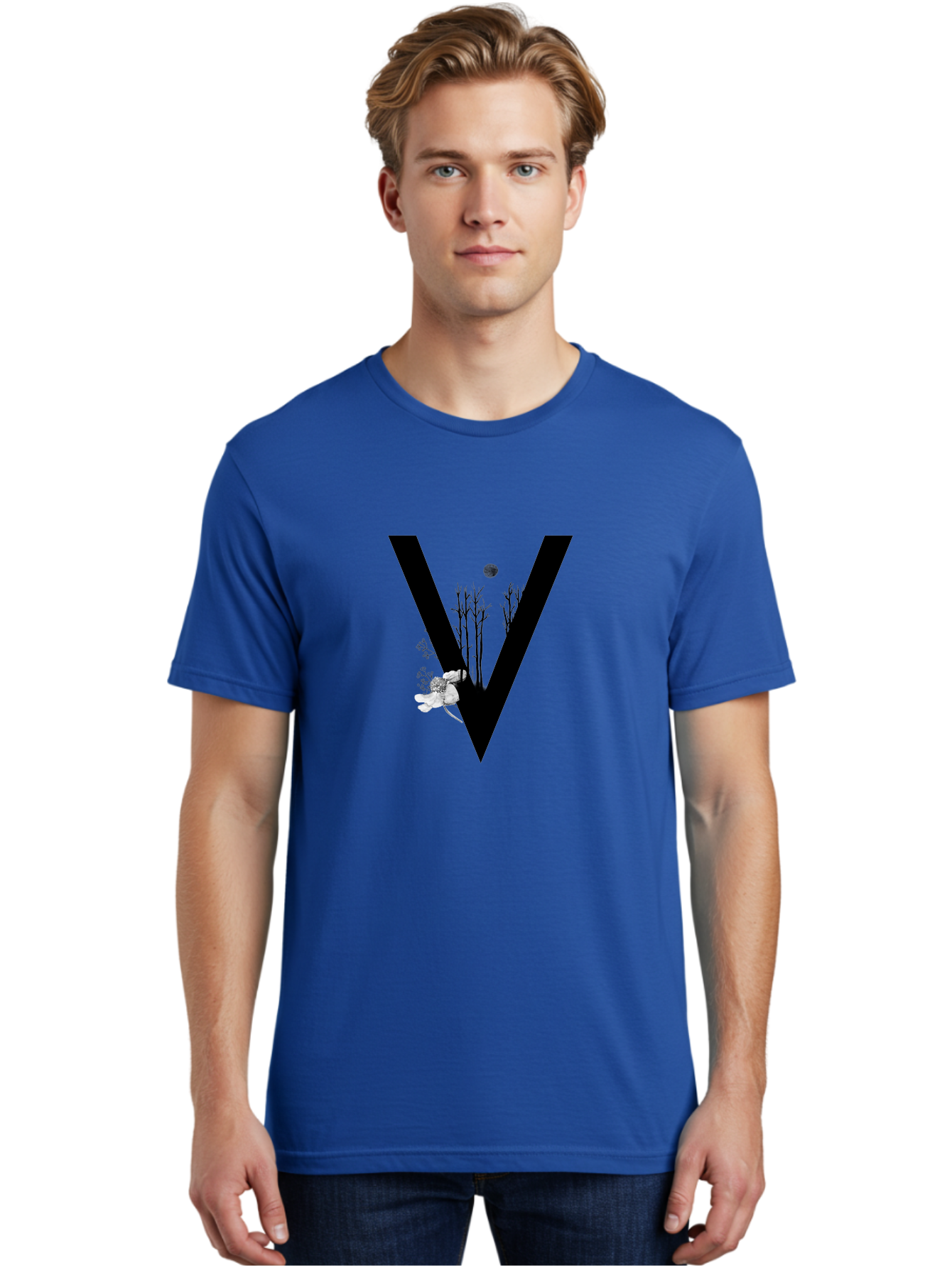 V Men'S Graphic Tee, 100% Cotton, Comfortable Casual Summer Wear, Machine Washable, Letter V, Floral Illustrations, Tree Branches, White Flowers, Dark Silhouette, Moon, Mystical Artwork, Surreal Design, Typography Art Aac359