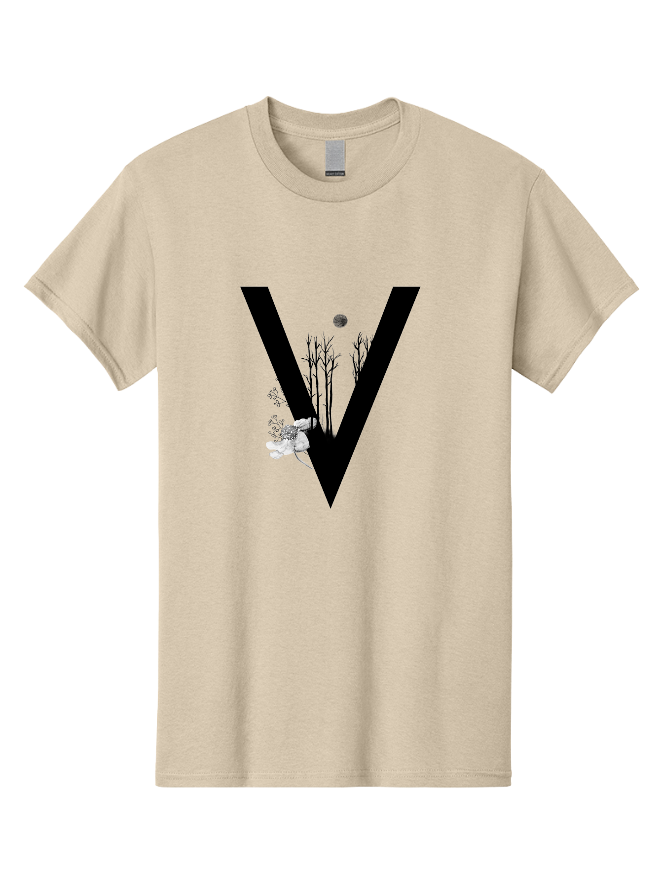 V Men'S Graphic Tee, 100% Cotton, Comfortable Casual Summer Wear, Machine Washable, Letter V, Floral Illustrations, Tree Branches, White Flowers, Dark Silhouette, Moon, Mystical Artwork, Surreal Design, Typography Art Aac359