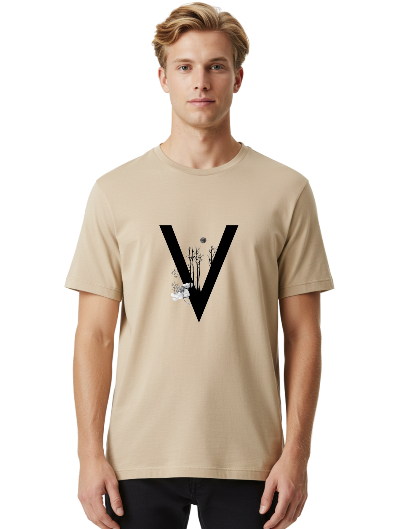 V Men'S Graphic Tee, 100% Cotton, Comfortable Casual Summer Wear, Machine Washable, Letter V, Floral Illustrations, Tree Branches, White Flowers, Dark Silhouette, Moon, Mystical Artwork, Surreal Design, Typography Art Aac359