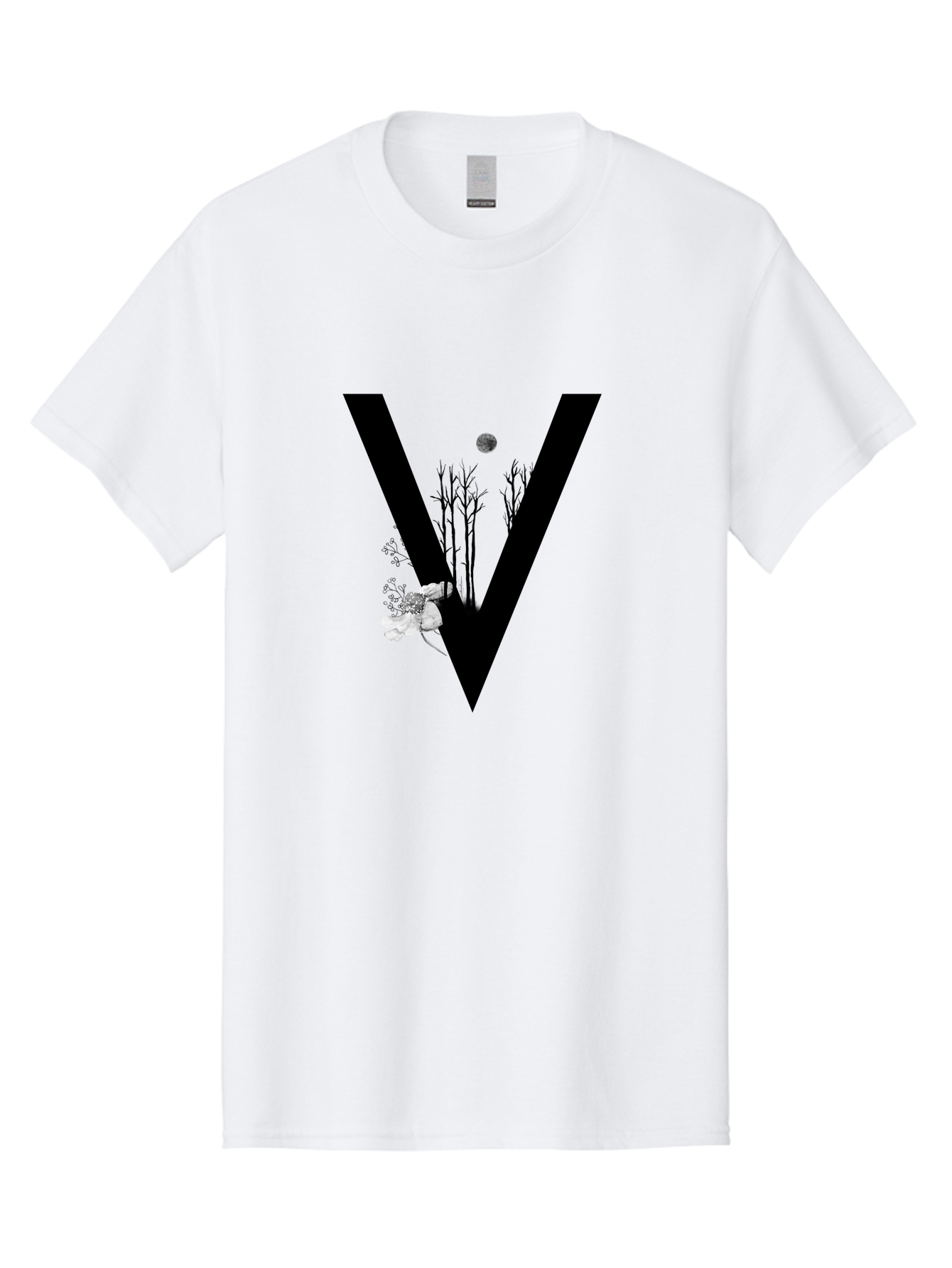 V Men'S Graphic Tee, 100% Cotton, Comfortable Casual Summer Wear, Machine Washable, Letter V, Floral Illustrations, Tree Branches, White Flowers, Dark Silhouette, Moon, Mystical Artwork, Surreal Design, Typography Art Aac359