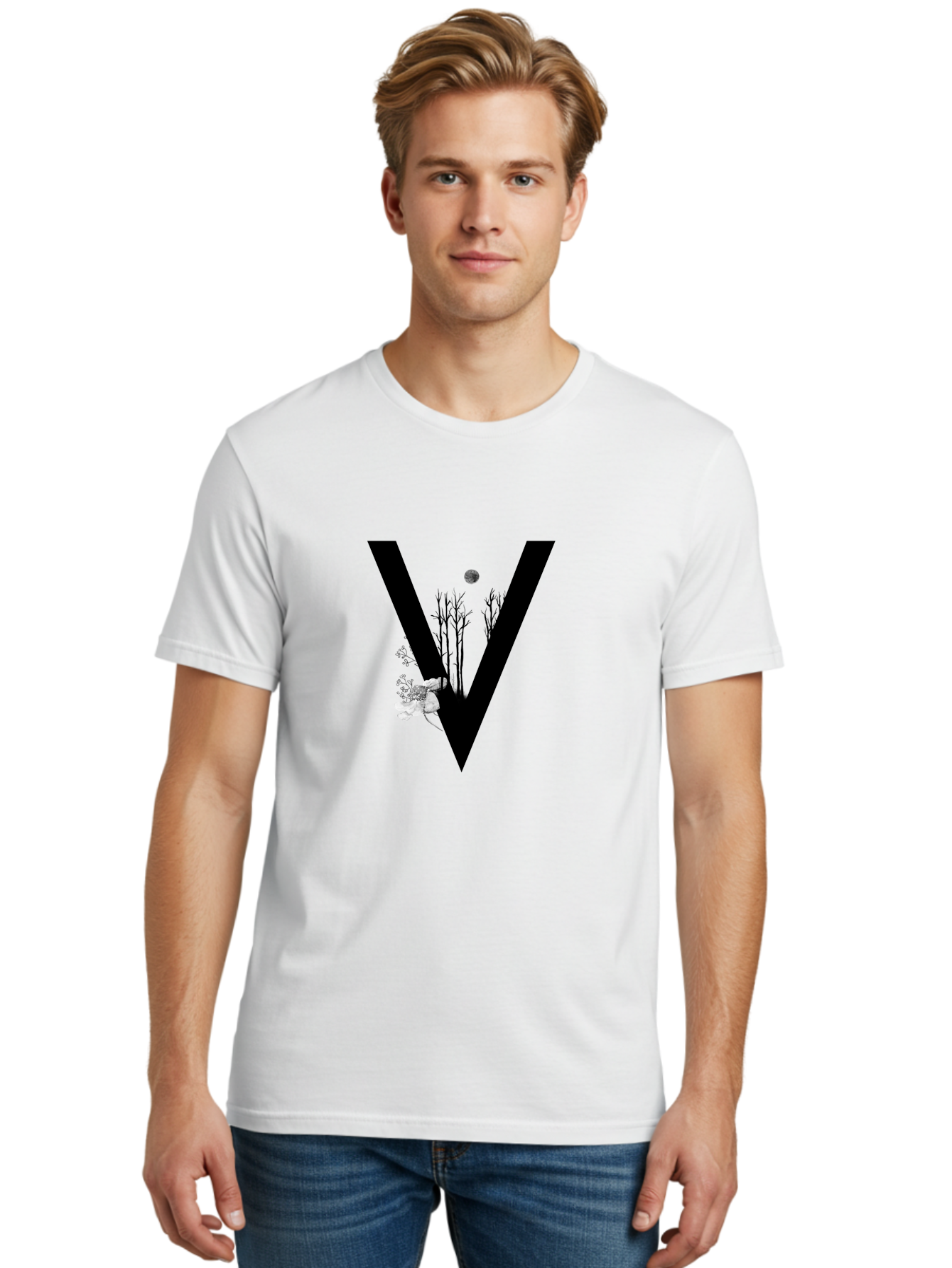 V Men'S Graphic Tee, 100% Cotton, Comfortable Casual Summer Wear, Machine Washable, Letter V, Floral Illustrations, Tree Branches, White Flowers, Dark Silhouette, Moon, Mystical Artwork, Surreal Design, Typography Art Aac359