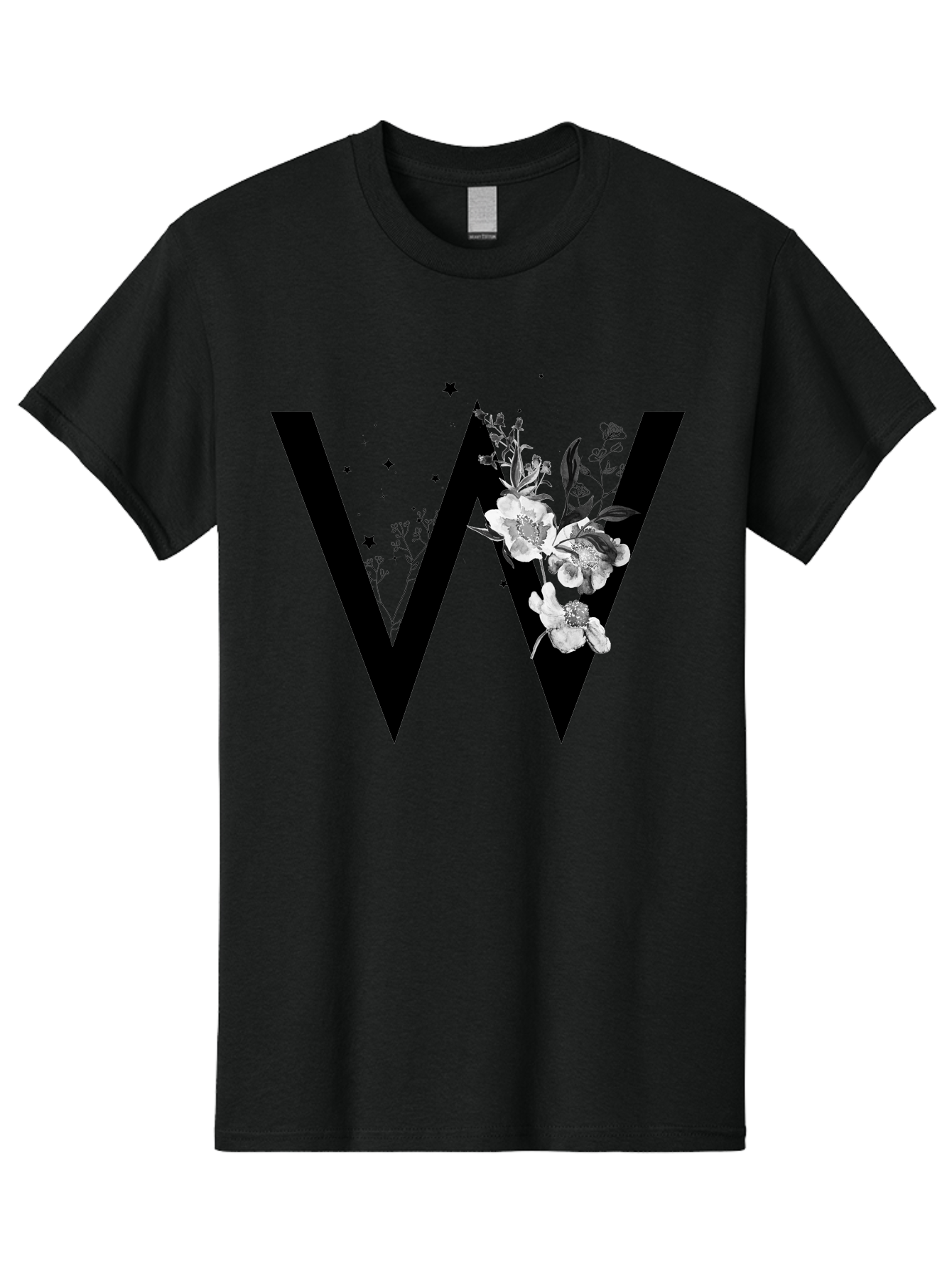 W Men'S Graphic Tee, 100% Cotton, Comfortable Casual Summer Wear, Machine Washable, Floral Letter W, Black And White Flowers, Elegant Design, Floral Theme, Typography, Artistic Lettering, Decorative Alphabet, Flowers And Stars Aac360