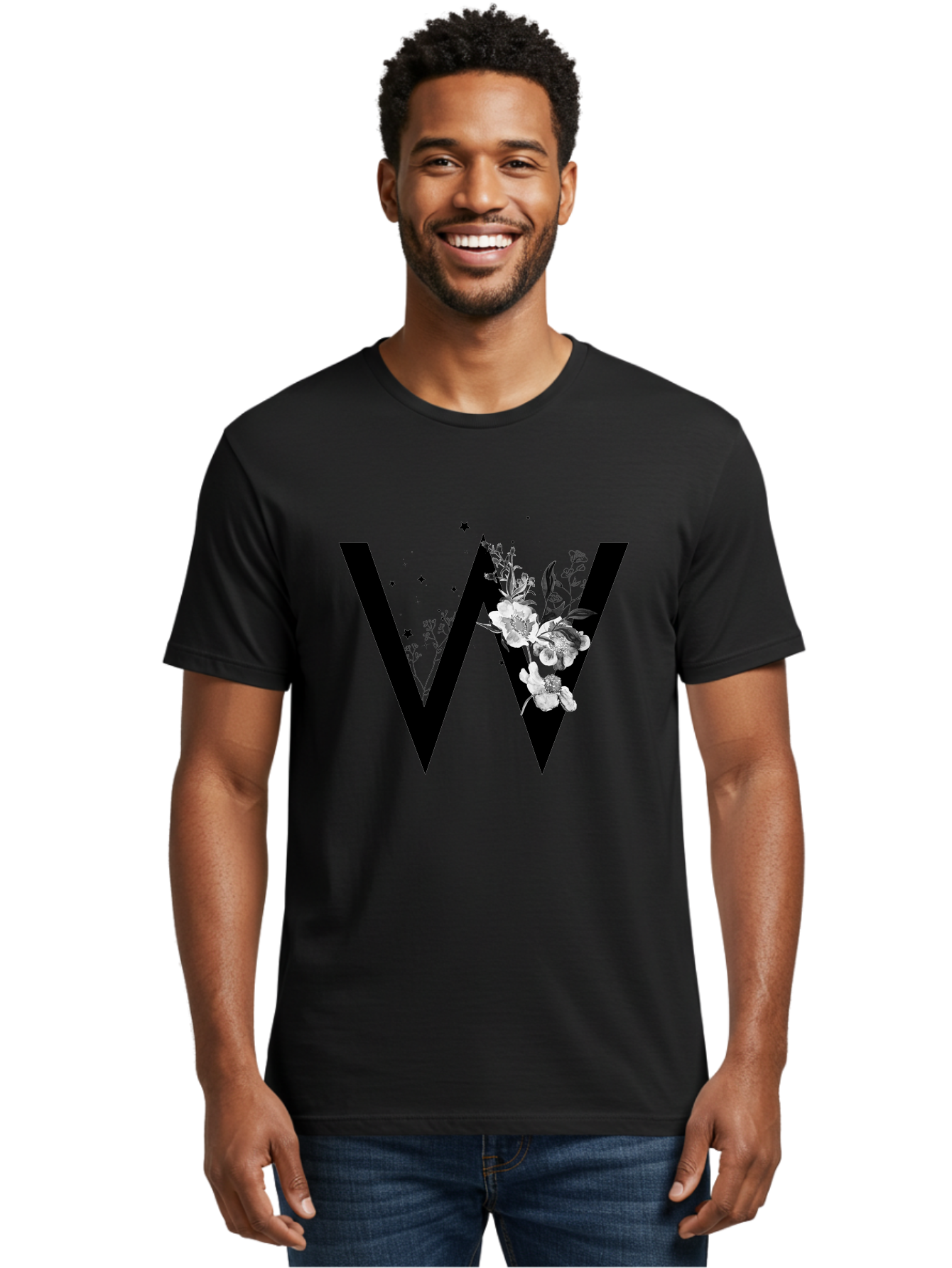 W Men'S Graphic Tee, 100% Cotton, Comfortable Casual Summer Wear, Machine Washable, Floral Letter W, Black And White Flowers, Elegant Design, Floral Theme, Typography, Artistic Lettering, Decorative Alphabet, Flowers And Stars Aac360