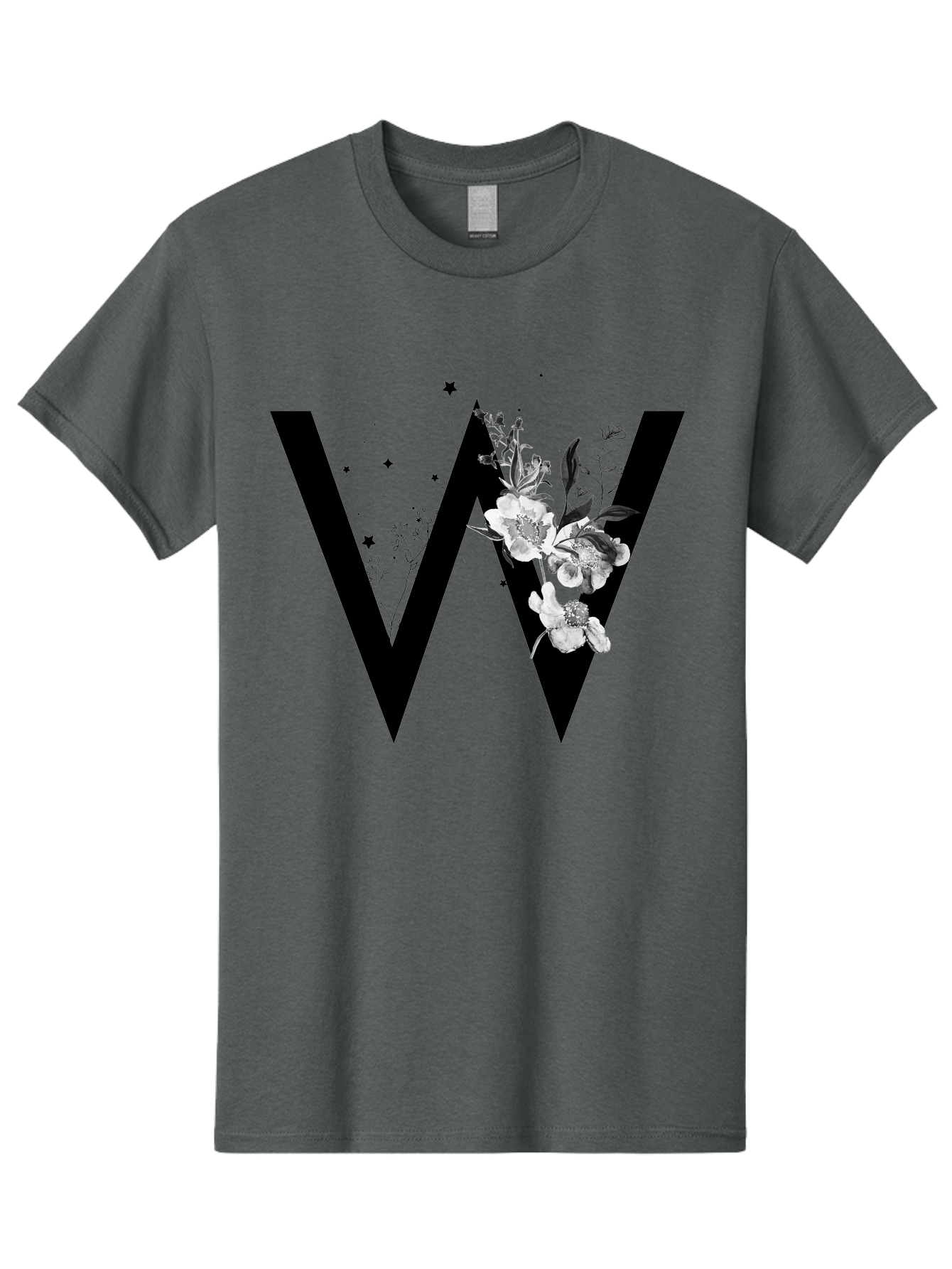W Men'S Graphic Tee, 100% Cotton, Comfortable Casual Summer Wear, Machine Washable, Floral Letter W, Black And White Flowers, Elegant Design, Floral Theme, Typography, Artistic Lettering, Decorative Alphabet, Flowers And Stars Aac360