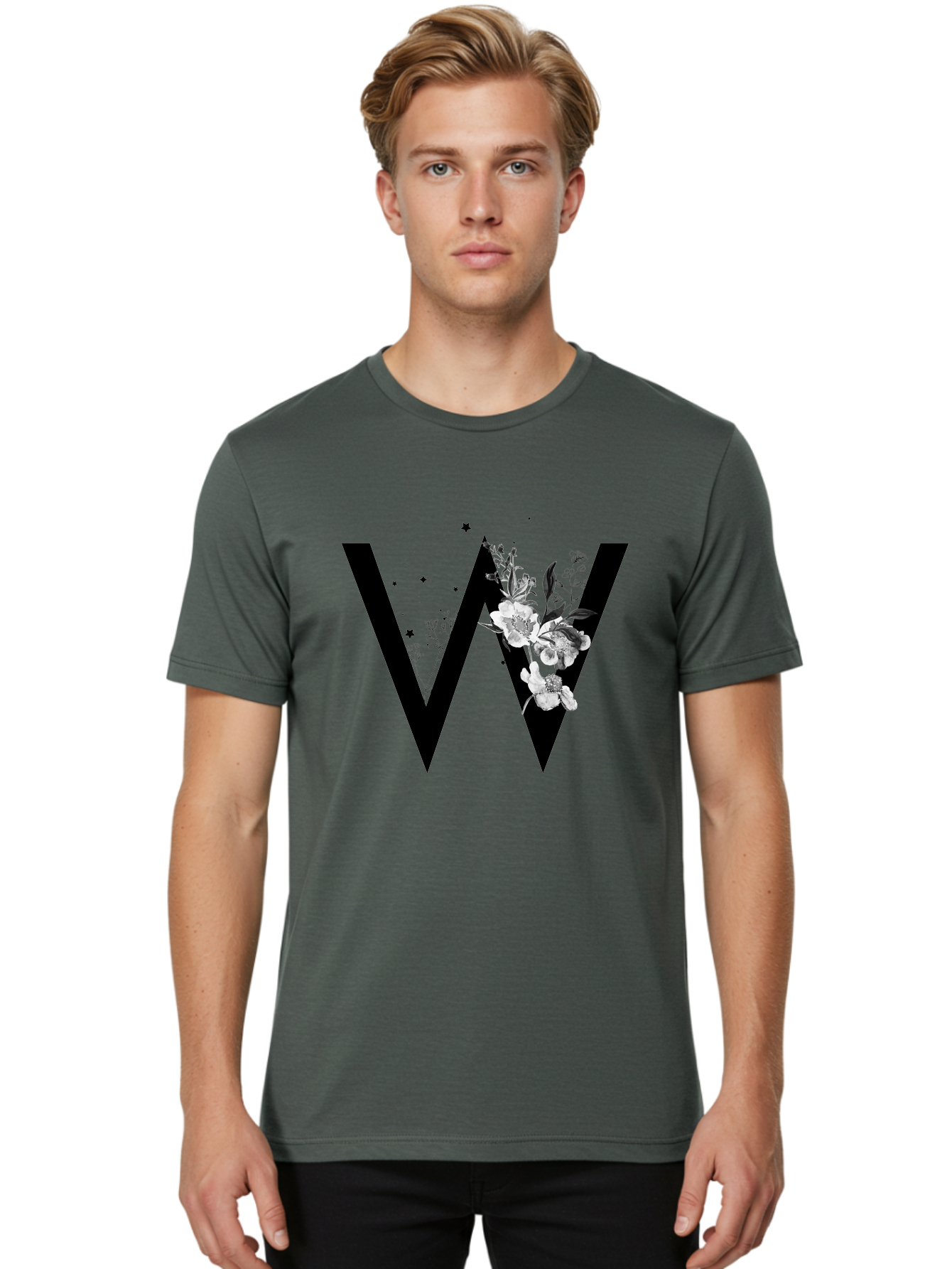 W Men'S Graphic Tee, 100% Cotton, Comfortable Casual Summer Wear, Machine Washable, Floral Letter W, Black And White Flowers, Elegant Design, Floral Theme, Typography, Artistic Lettering, Decorative Alphabet, Flowers And Stars Aac360
