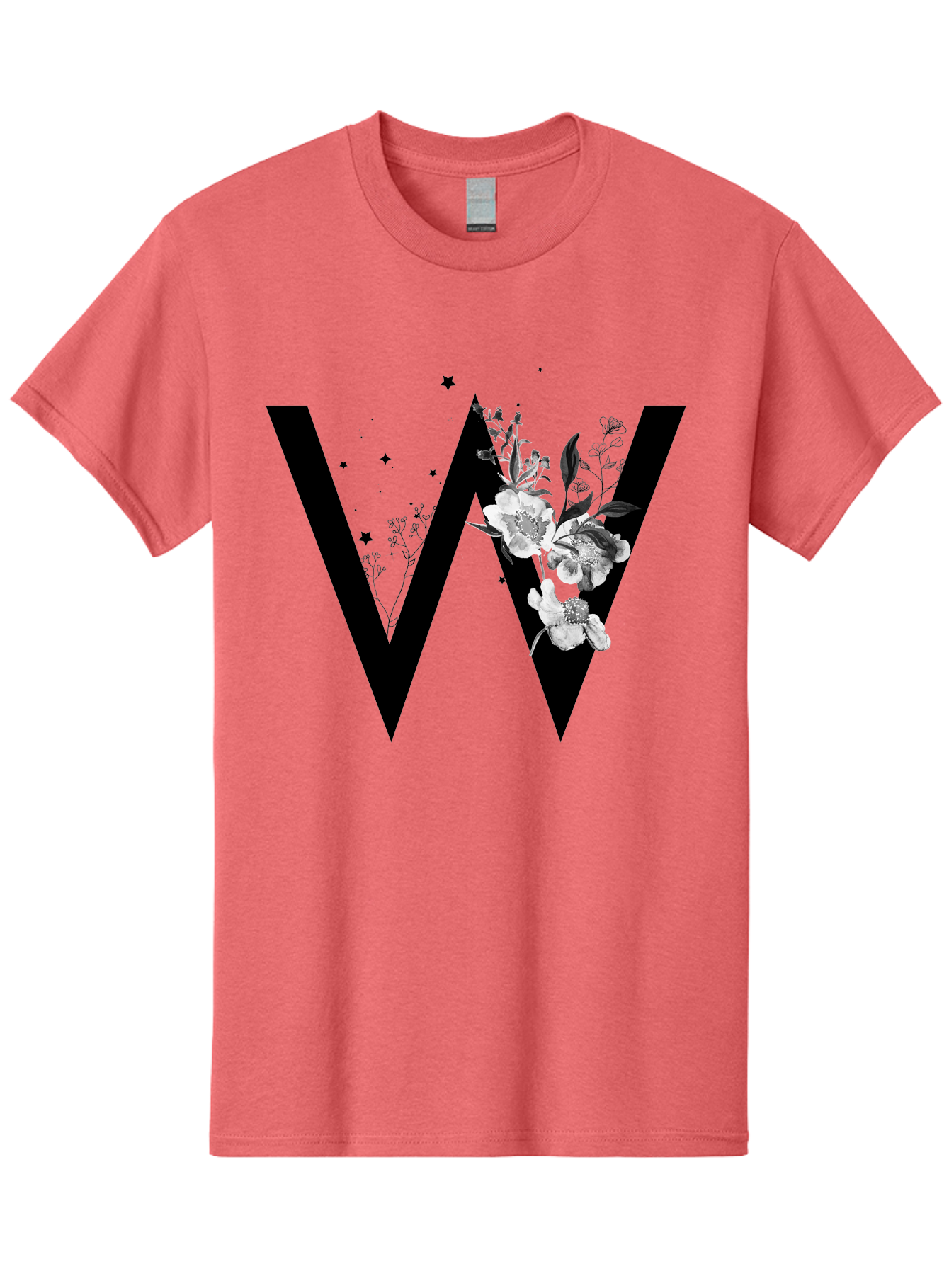 W Men'S Graphic Tee, 100% Cotton, Comfortable Casual Summer Wear, Machine Washable, Floral Letter W, Black And White Flowers, Elegant Design, Floral Theme, Typography, Artistic Lettering, Decorative Alphabet, Flowers And Stars Aac360