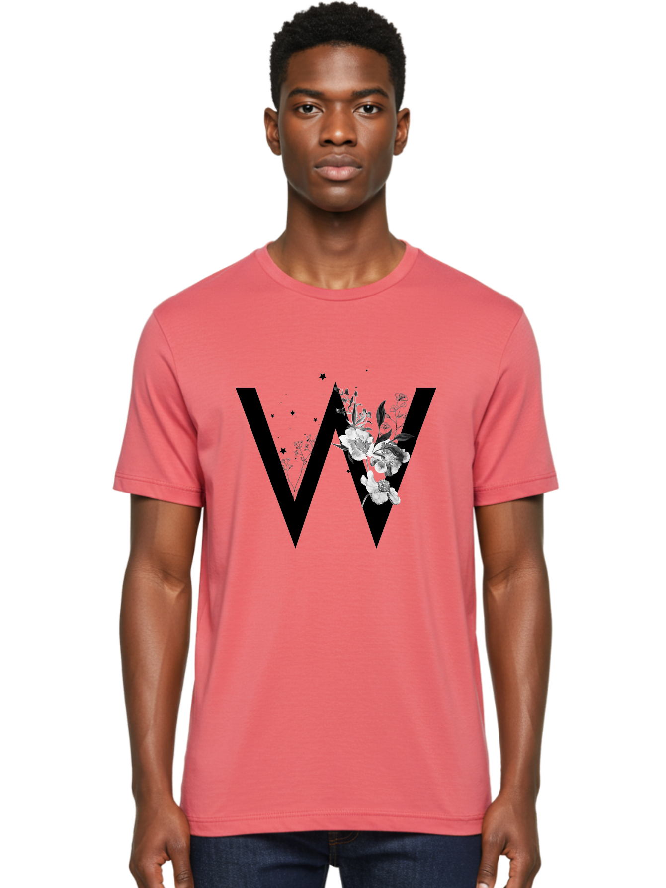 W Men'S Graphic Tee, 100% Cotton, Comfortable Casual Summer Wear, Machine Washable, Floral Letter W, Black And White Flowers, Elegant Design, Floral Theme, Typography, Artistic Lettering, Decorative Alphabet, Flowers And Stars Aac360