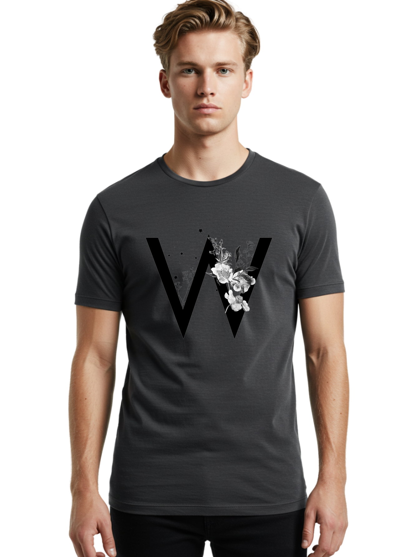 W Men'S Graphic Tee, 100% Cotton, Comfortable Casual Summer Wear, Machine Washable, Floral Letter W, Black And White Flowers, Elegant Design, Floral Theme, Typography, Artistic Lettering, Decorative Alphabet, Flowers And Stars Aac360