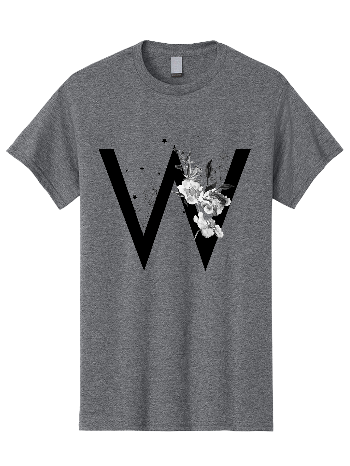 W Men'S Graphic Tee, 100% Cotton, Comfortable Casual Summer Wear, Machine Washable, Floral Letter W, Black And White Flowers, Elegant Design, Floral Theme, Typography, Artistic Lettering, Decorative Alphabet, Flowers And Stars Aac360