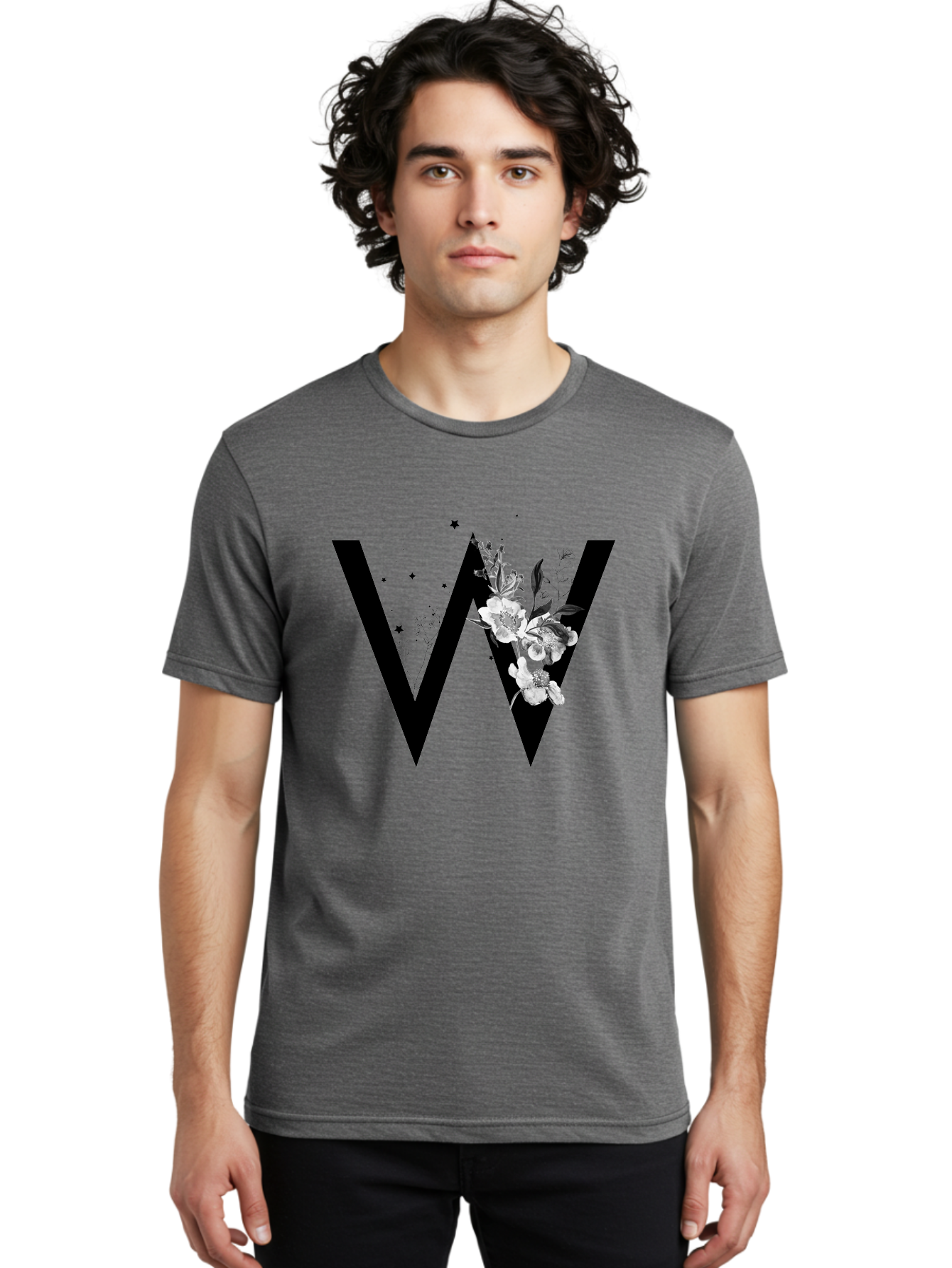 W Men'S Graphic Tee, 100% Cotton, Comfortable Casual Summer Wear, Machine Washable, Floral Letter W, Black And White Flowers, Elegant Design, Floral Theme, Typography, Artistic Lettering, Decorative Alphabet, Flowers And Stars Aac360