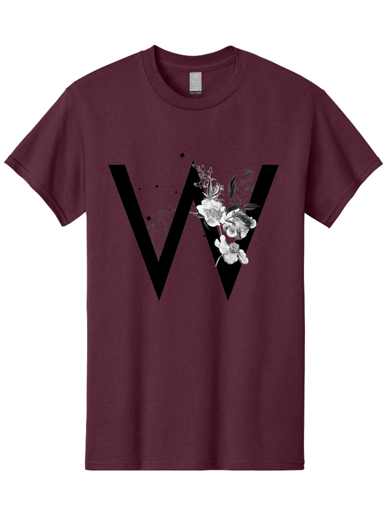W Men'S Graphic Tee, 100% Cotton, Comfortable Casual Summer Wear, Machine Washable, Floral Letter W, Black And White Flowers, Elegant Design, Floral Theme, Typography, Artistic Lettering, Decorative Alphabet, Flowers And Stars Aac360