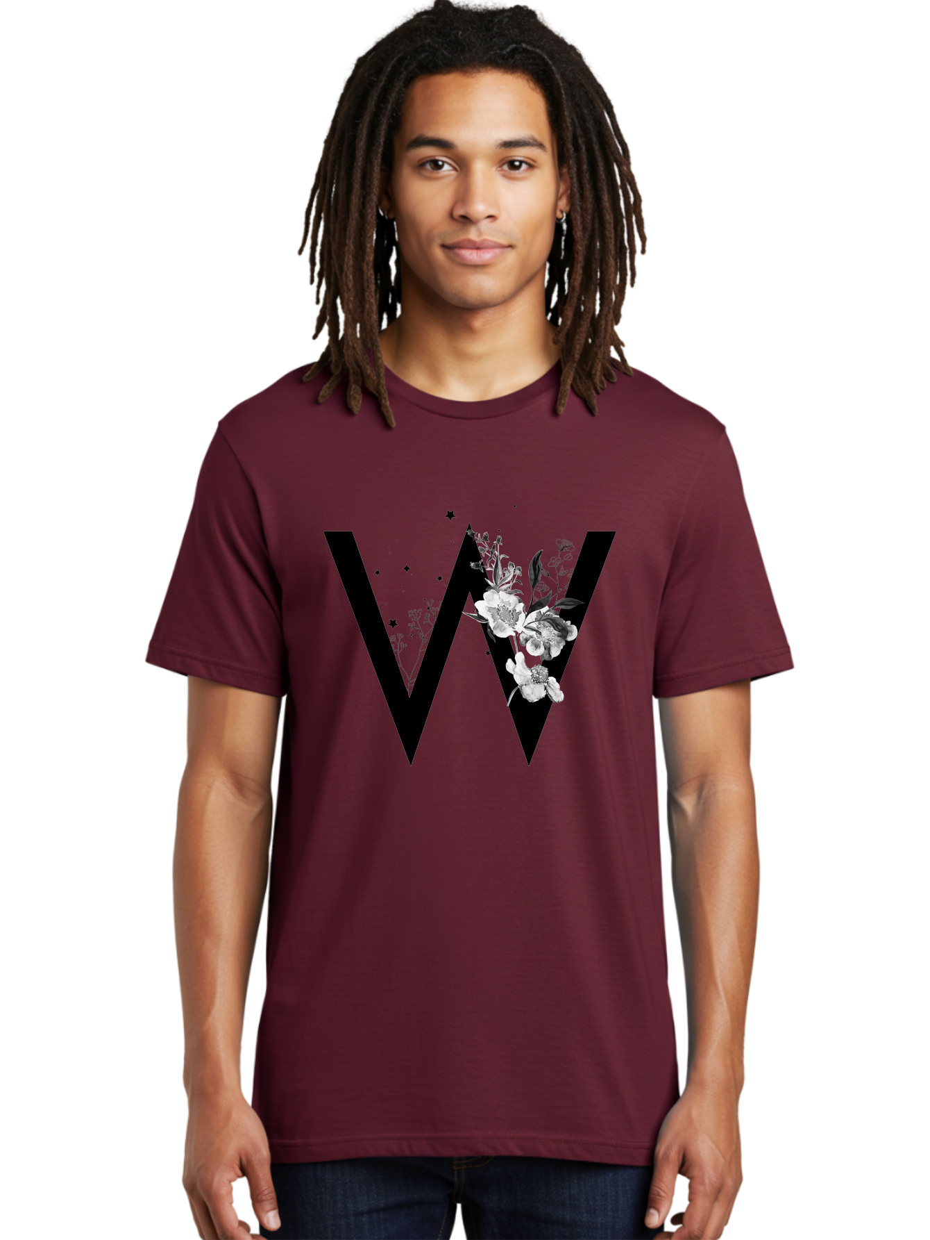 W Men'S Graphic Tee, 100% Cotton, Comfortable Casual Summer Wear, Machine Washable, Floral Letter W, Black And White Flowers, Elegant Design, Floral Theme, Typography, Artistic Lettering, Decorative Alphabet, Flowers And Stars Aac360