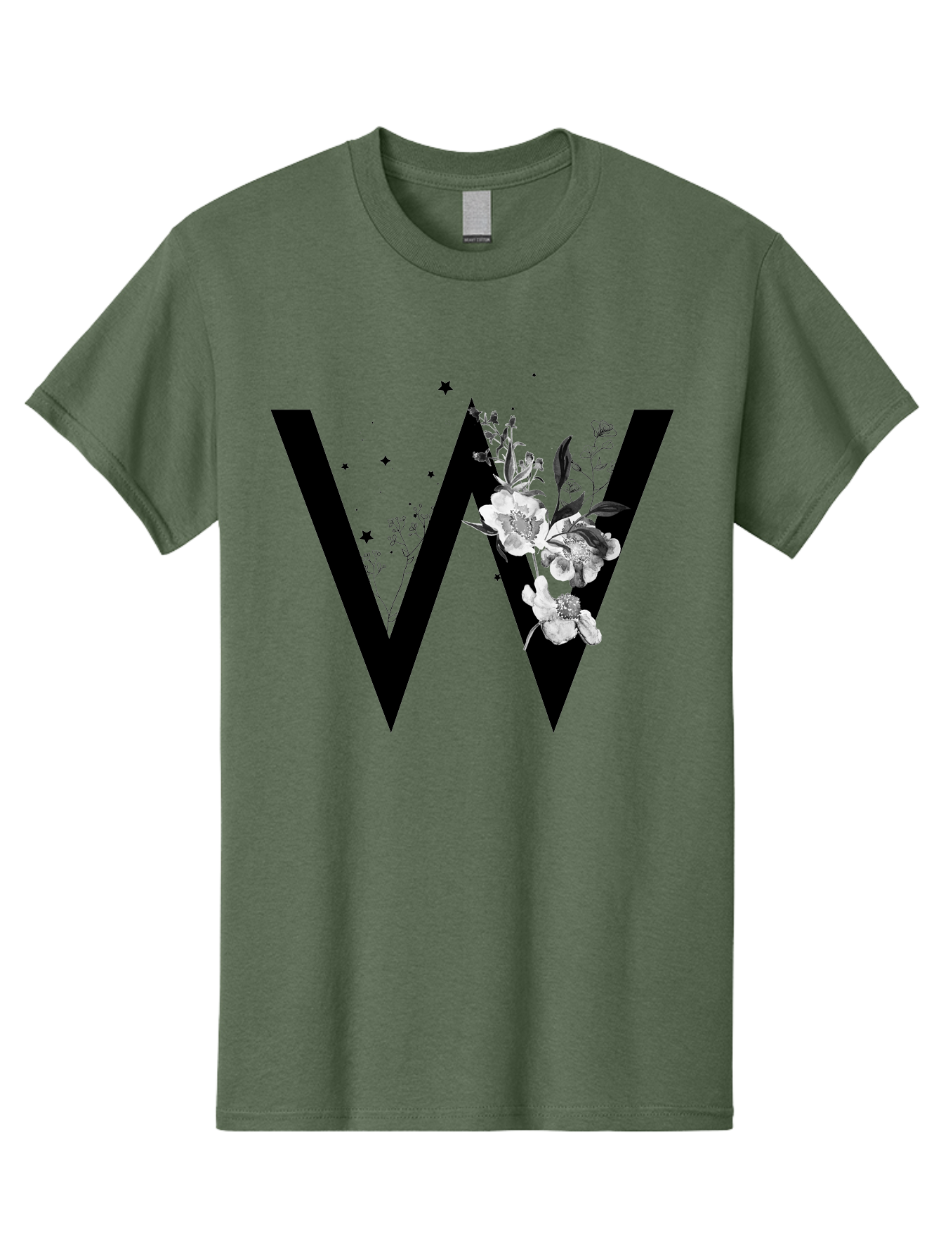 W Men'S Graphic Tee, 100% Cotton, Comfortable Casual Summer Wear, Machine Washable, Floral Letter W, Black And White Flowers, Elegant Design, Floral Theme, Typography, Artistic Lettering, Decorative Alphabet, Flowers And Stars Aac360