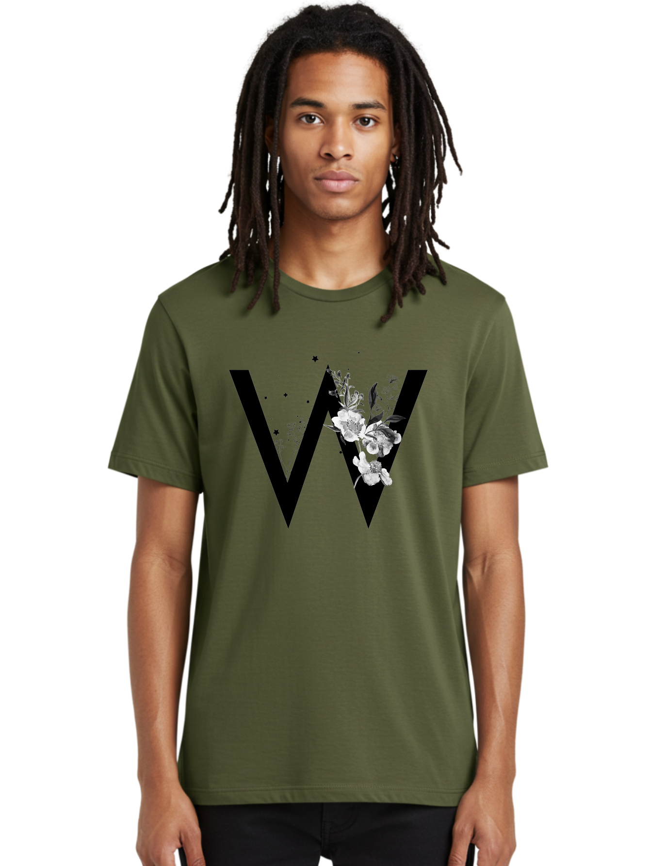 W Men'S Graphic Tee, 100% Cotton, Comfortable Casual Summer Wear, Machine Washable, Floral Letter W, Black And White Flowers, Elegant Design, Floral Theme, Typography, Artistic Lettering, Decorative Alphabet, Flowers And Stars Aac360