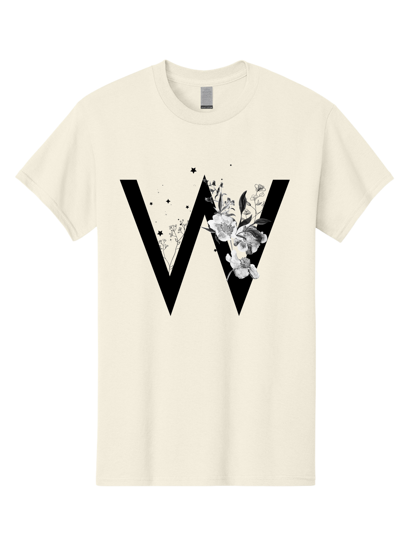 W Men'S Graphic Tee, 100% Cotton, Comfortable Casual Summer Wear, Machine Washable, Floral Letter W, Black And White Flowers, Elegant Design, Floral Theme, Typography, Artistic Lettering, Decorative Alphabet, Flowers And Stars Aac360