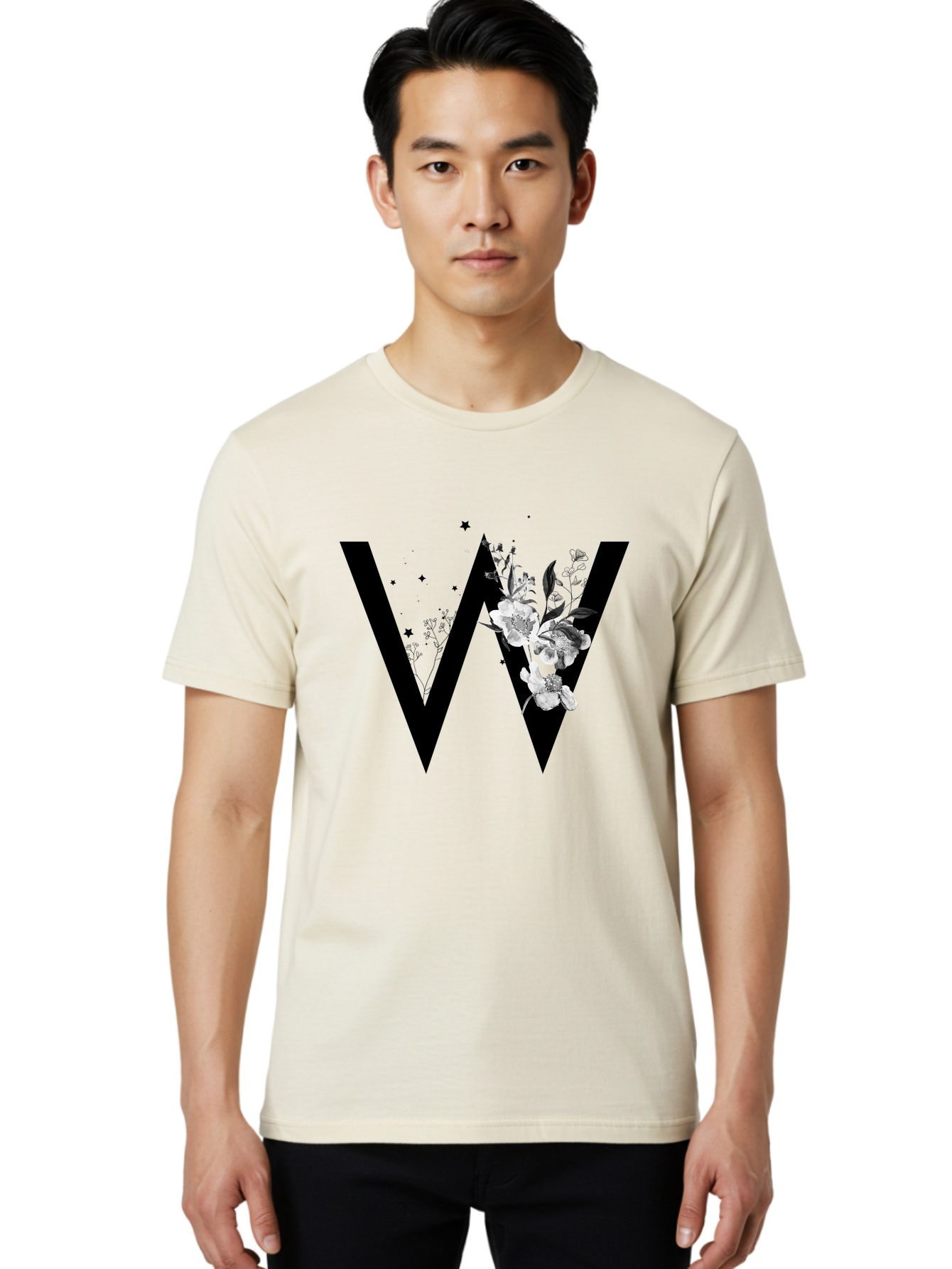 W Men'S Graphic Tee, 100% Cotton, Comfortable Casual Summer Wear, Machine Washable, Floral Letter W, Black And White Flowers, Elegant Design, Floral Theme, Typography, Artistic Lettering, Decorative Alphabet, Flowers And Stars Aac360