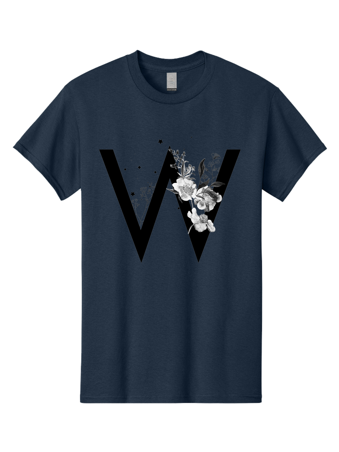 W Men'S Graphic Tee, 100% Cotton, Comfortable Casual Summer Wear, Machine Washable, Floral Letter W, Black And White Flowers, Elegant Design, Floral Theme, Typography, Artistic Lettering, Decorative Alphabet, Flowers And Stars Aac360