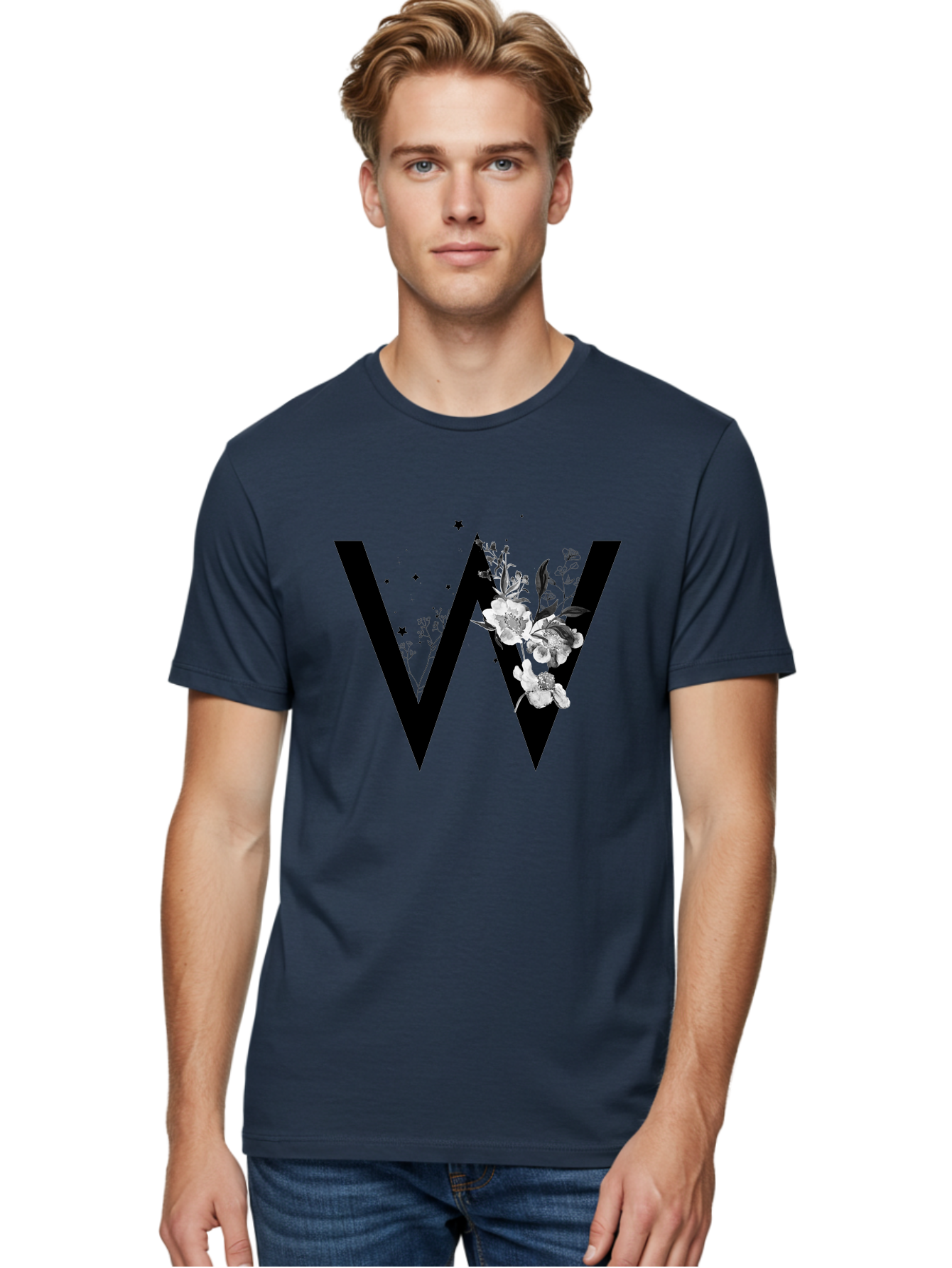 W Men'S Graphic Tee, 100% Cotton, Comfortable Casual Summer Wear, Machine Washable, Floral Letter W, Black And White Flowers, Elegant Design, Floral Theme, Typography, Artistic Lettering, Decorative Alphabet, Flowers And Stars Aac360