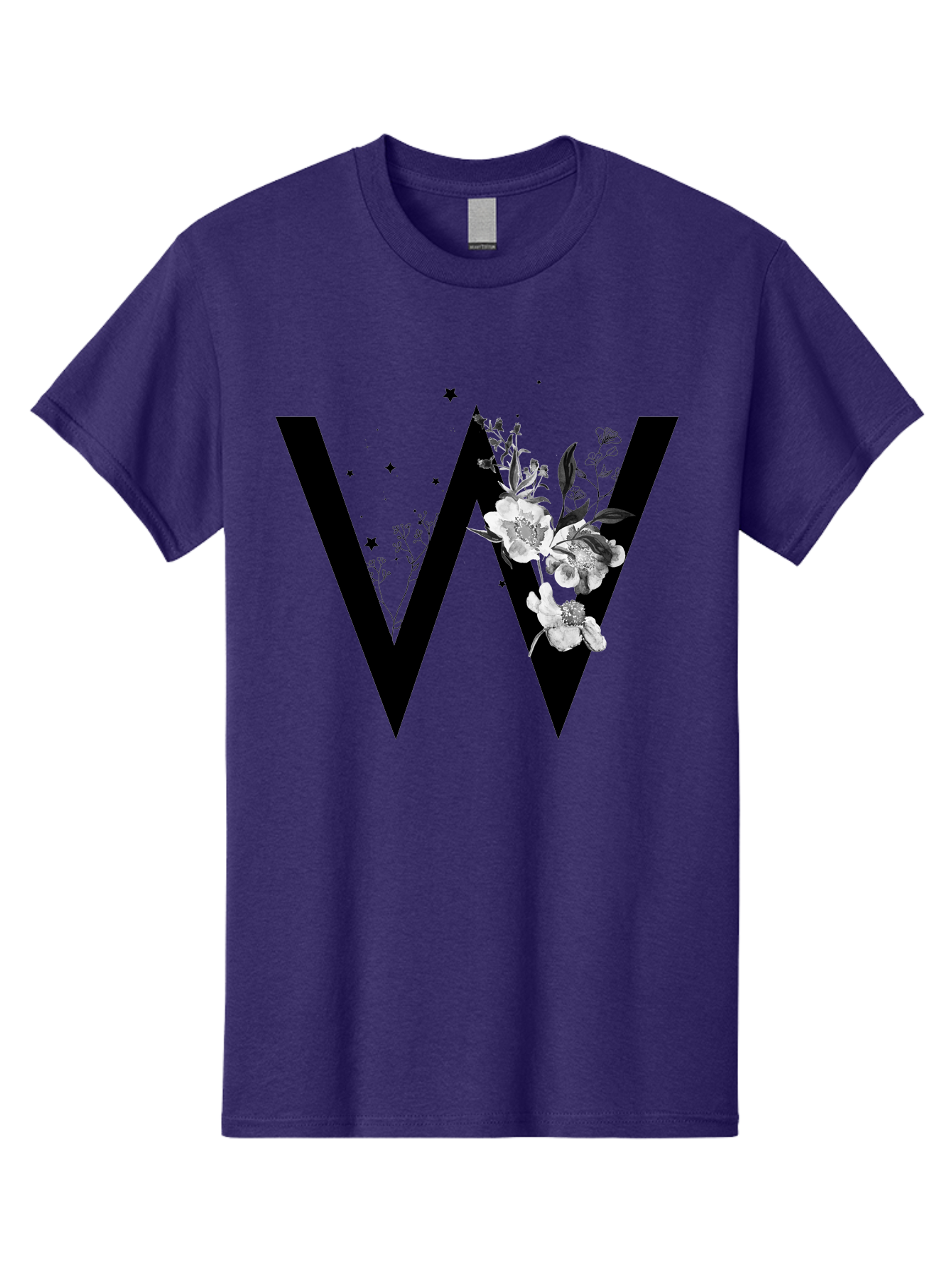 W Men'S Graphic Tee, 100% Cotton, Comfortable Casual Summer Wear, Machine Washable, Floral Letter W, Black And White Flowers, Elegant Design, Floral Theme, Typography, Artistic Lettering, Decorative Alphabet, Flowers And Stars Aac360