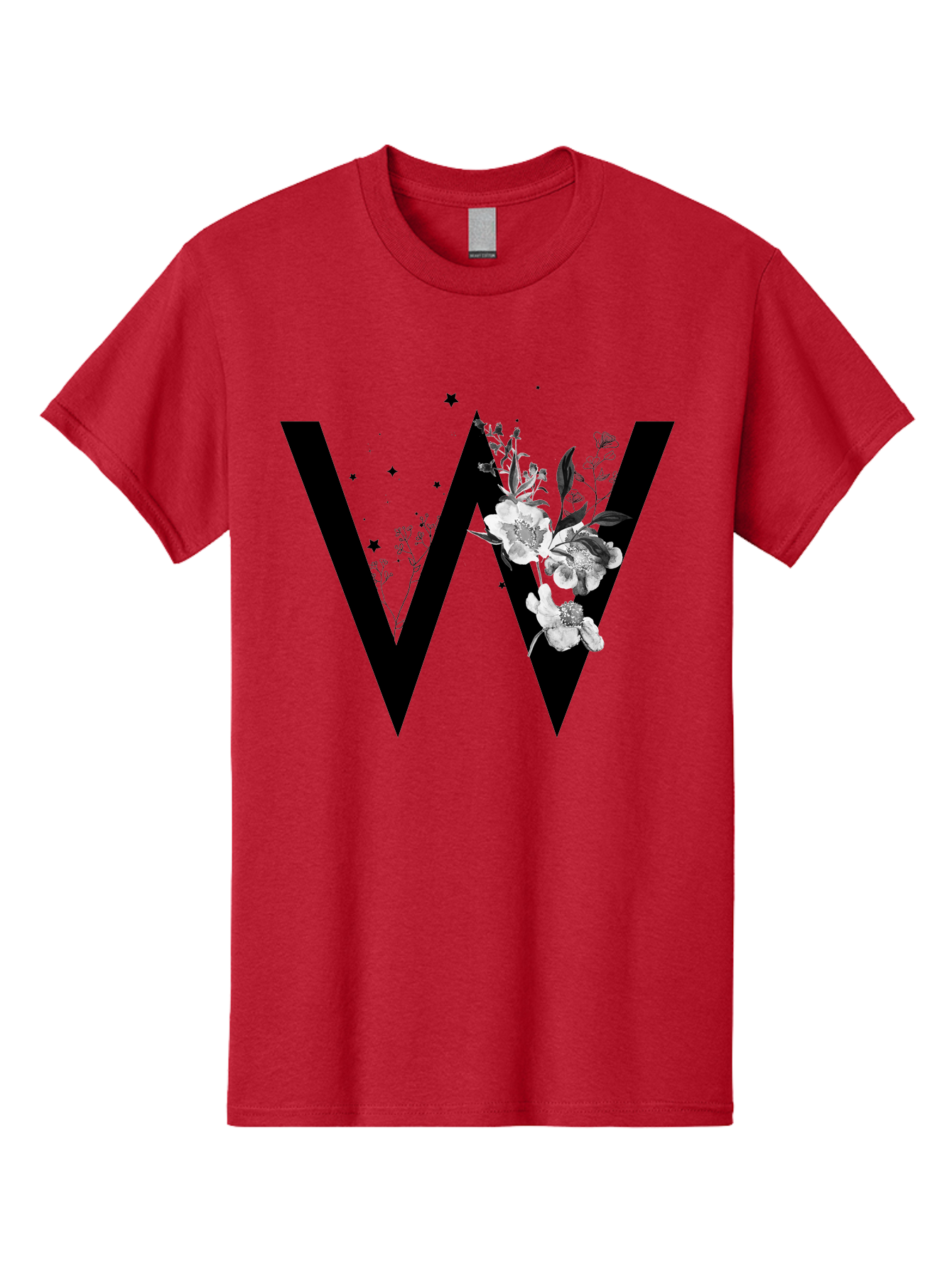 W Men'S Graphic Tee, 100% Cotton, Comfortable Casual Summer Wear, Machine Washable, Floral Letter W, Black And White Flowers, Elegant Design, Floral Theme, Typography, Artistic Lettering, Decorative Alphabet, Flowers And Stars Aac360