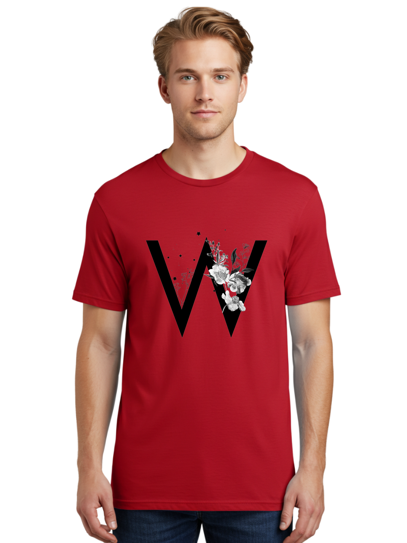 W Men'S Graphic Tee, 100% Cotton, Comfortable Casual Summer Wear, Machine Washable, Floral Letter W, Black And White Flowers, Elegant Design, Floral Theme, Typography, Artistic Lettering, Decorative Alphabet, Flowers And Stars Aac360