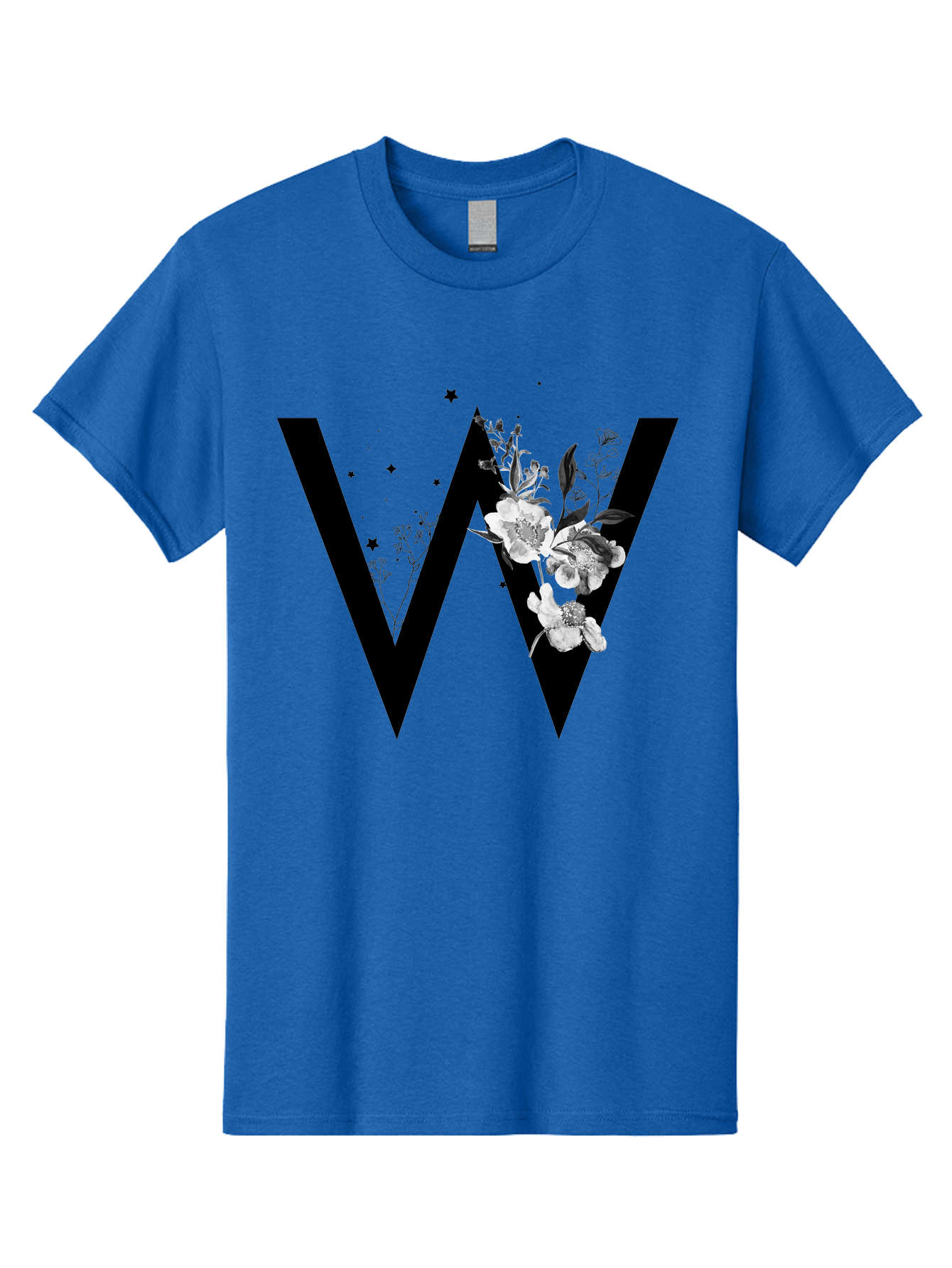 W Men'S Graphic Tee, 100% Cotton, Comfortable Casual Summer Wear, Machine Washable, Floral Letter W, Black And White Flowers, Elegant Design, Floral Theme, Typography, Artistic Lettering, Decorative Alphabet, Flowers And Stars Aac360