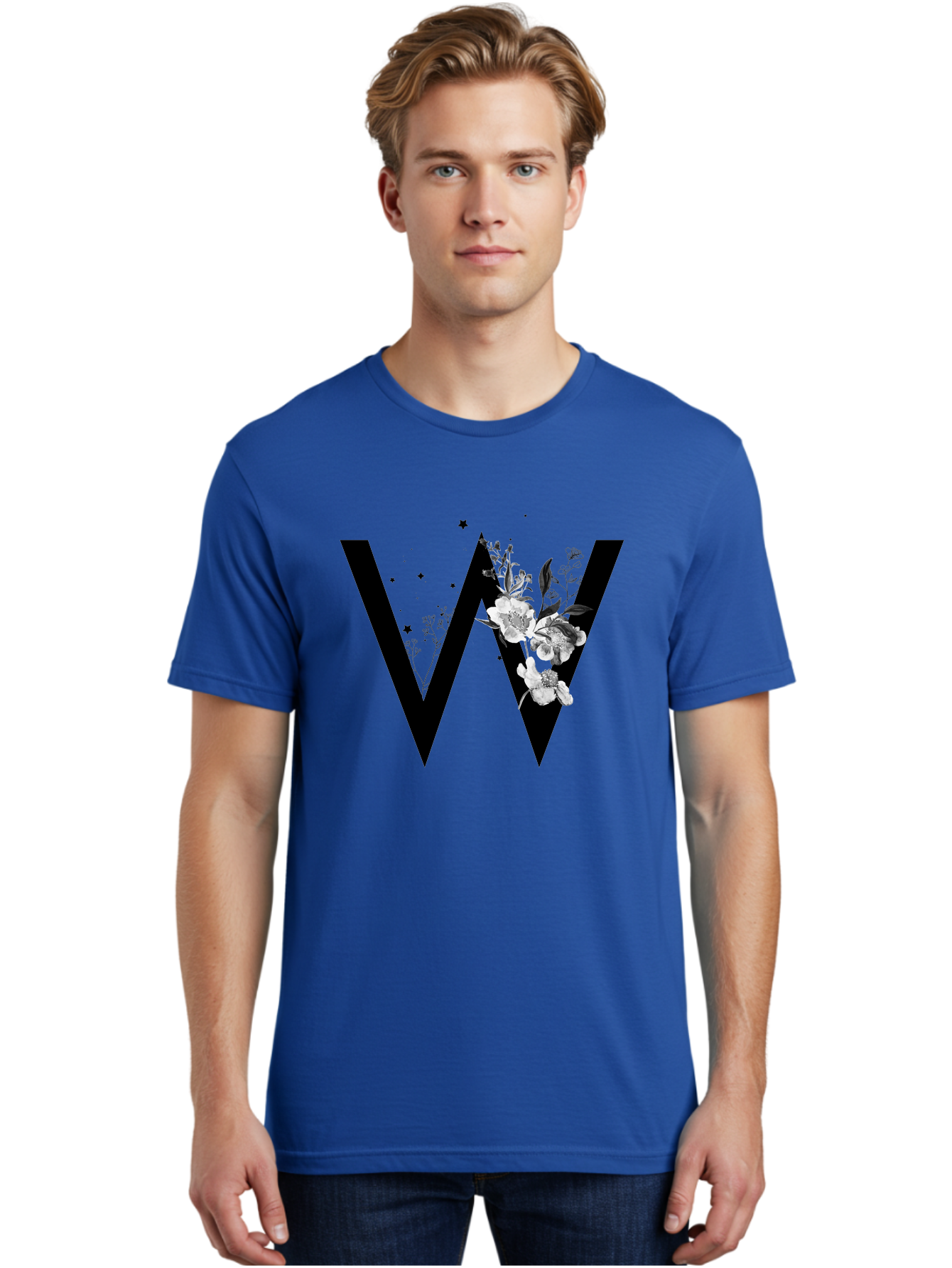 W Men'S Graphic Tee, 100% Cotton, Comfortable Casual Summer Wear, Machine Washable, Floral Letter W, Black And White Flowers, Elegant Design, Floral Theme, Typography, Artistic Lettering, Decorative Alphabet, Flowers And Stars Aac360
