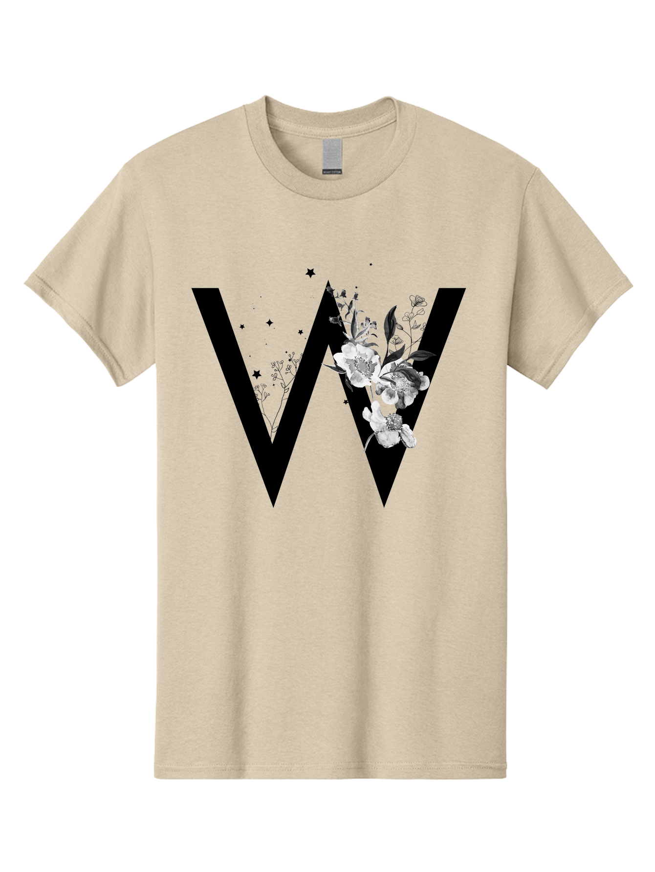 W Men'S Graphic Tee, 100% Cotton, Comfortable Casual Summer Wear, Machine Washable, Floral Letter W, Black And White Flowers, Elegant Design, Floral Theme, Typography, Artistic Lettering, Decorative Alphabet, Flowers And Stars Aac360