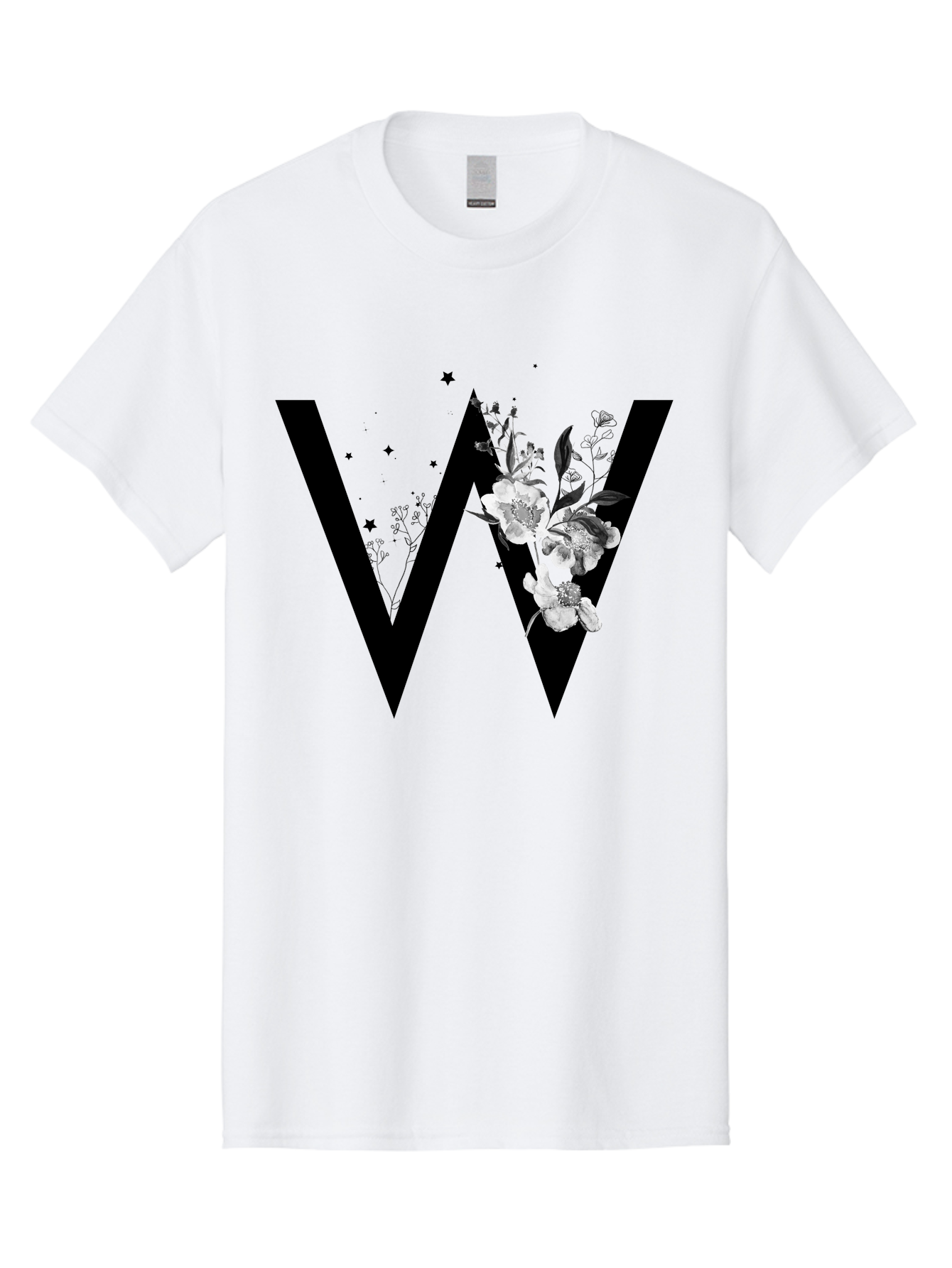 W Men'S Graphic Tee, 100% Cotton, Comfortable Casual Summer Wear, Machine Washable, Floral Letter W, Black And White Flowers, Elegant Design, Floral Theme, Typography, Artistic Lettering, Decorative Alphabet, Flowers And Stars Aac360