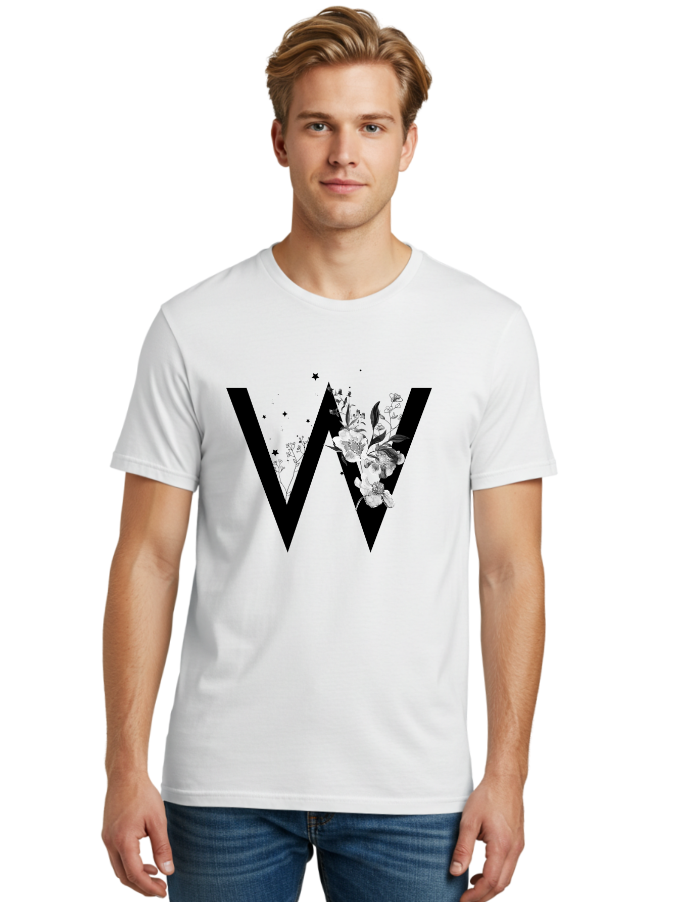 W Men'S Graphic Tee, 100% Cotton, Comfortable Casual Summer Wear, Machine Washable, Floral Letter W, Black And White Flowers, Elegant Design, Floral Theme, Typography, Artistic Lettering, Decorative Alphabet, Flowers And Stars Aac360