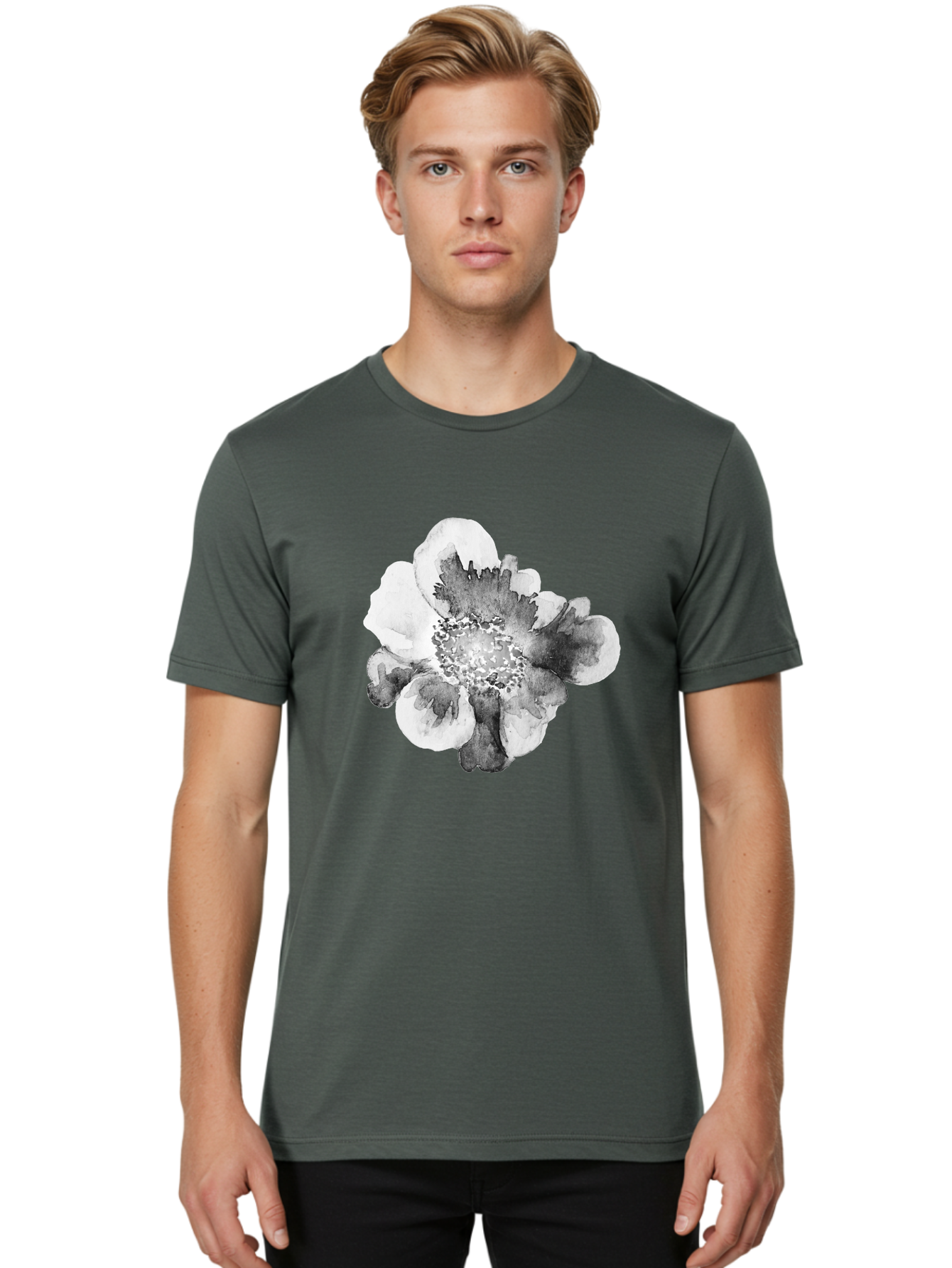 Watercolor-Flower Men'S Graphic Tee, 100% Cotton, Comfortable Casual Summer Wear, Machine Washable, Watercolor Flower, Black And White Petals, Delicate Artwork, Floral Design, Artistic Expression, Elegant Simplicity, Minimalist Style, Aac361