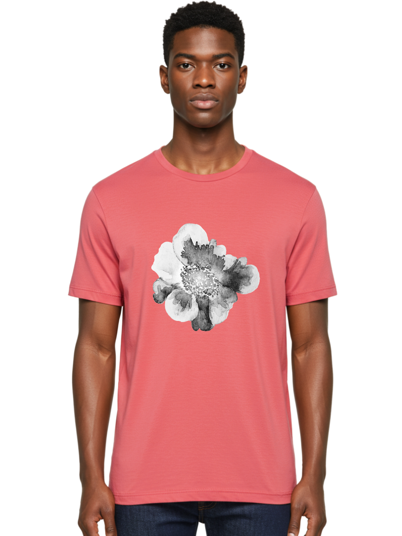 Watercolor-Flower Men'S Graphic Tee, 100% Cotton, Comfortable Casual Summer Wear, Machine Washable, Watercolor Flower, Black And White Petals, Delicate Artwork, Floral Design, Artistic Expression, Elegant Simplicity, Minimalist Style, Aac361