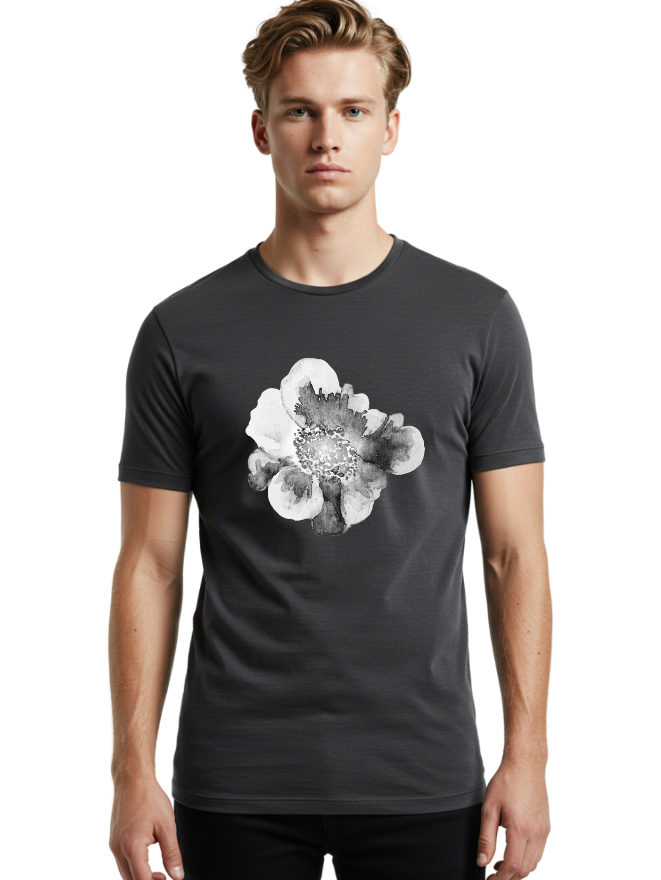 Watercolor-Flower Men'S Graphic Tee, 100% Cotton, Comfortable Casual Summer Wear, Machine Washable, Watercolor Flower, Black And White Petals, Delicate Artwork, Floral Design, Artistic Expression, Elegant Simplicity, Minimalist Style, Aac361