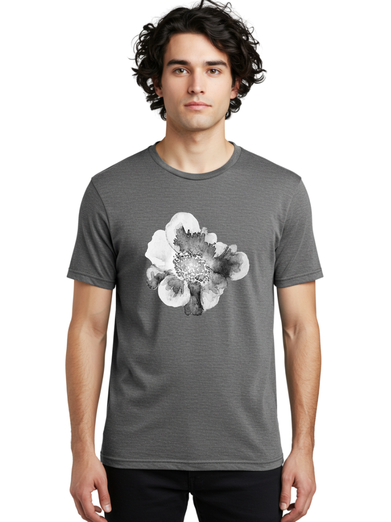 Watercolor-Flower Men'S Graphic Tee, 100% Cotton, Comfortable Casual Summer Wear, Machine Washable, Watercolor Flower, Black And White Petals, Delicate Artwork, Floral Design, Artistic Expression, Elegant Simplicity, Minimalist Style, Aac361